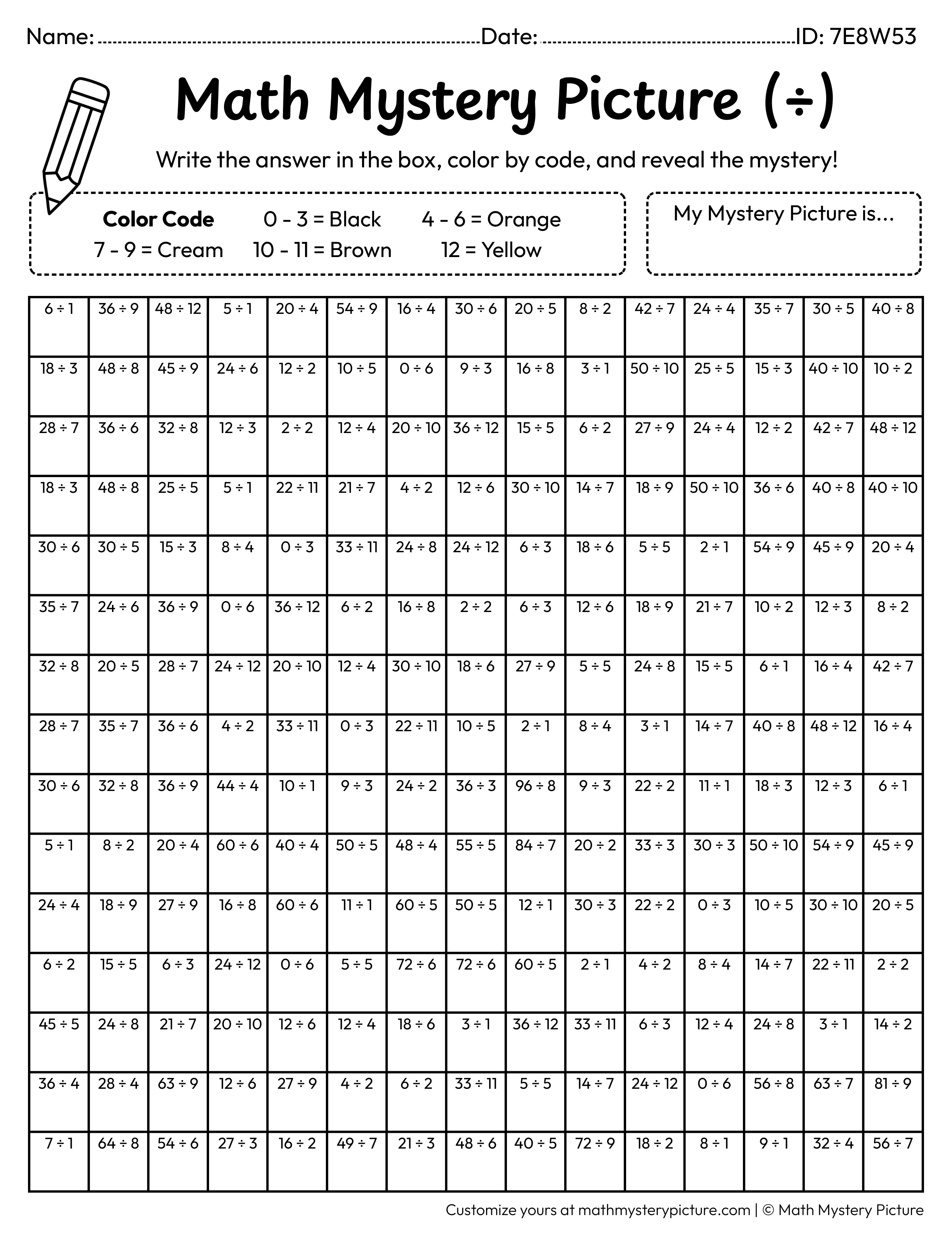 Thanksgiving Pilgrim Hat Division Facts Math Mystery Picture Coloring Worksheet