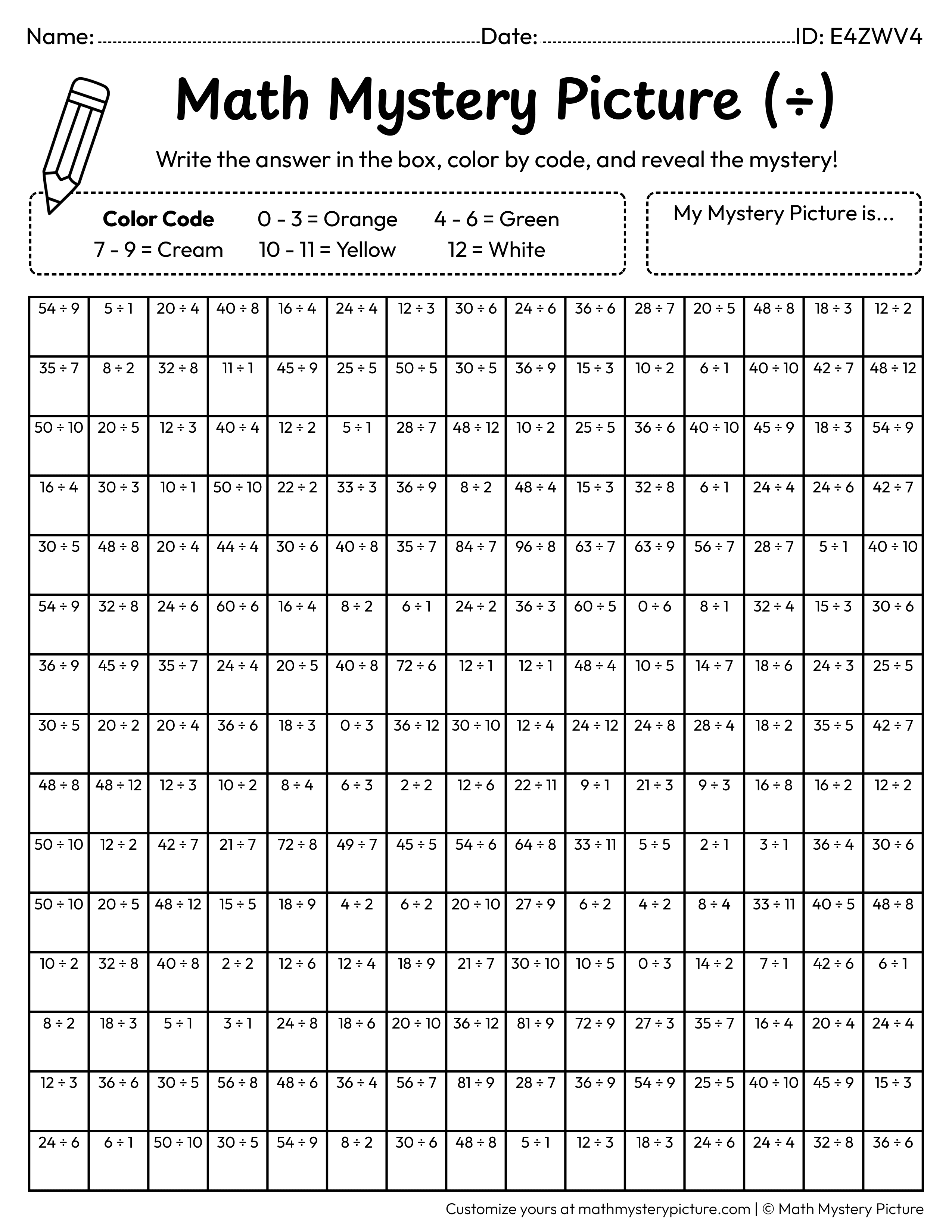 Thanksgiving Pumpkin Pie Division Facts Math Mystery Picture Coloring Worksheet