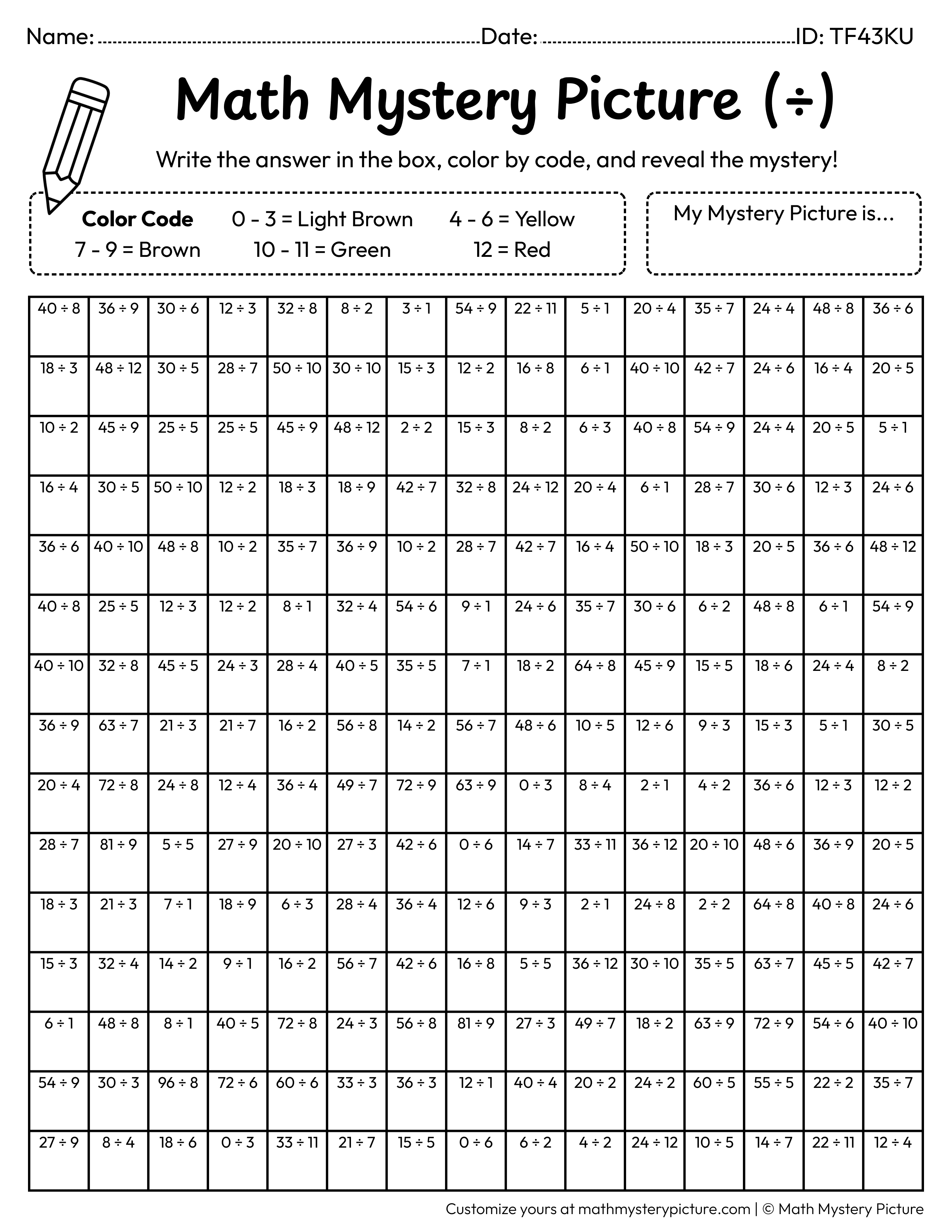 Thanksgiving Roasted Turkey Division Facts Math Mystery Picture Coloring Worksheet