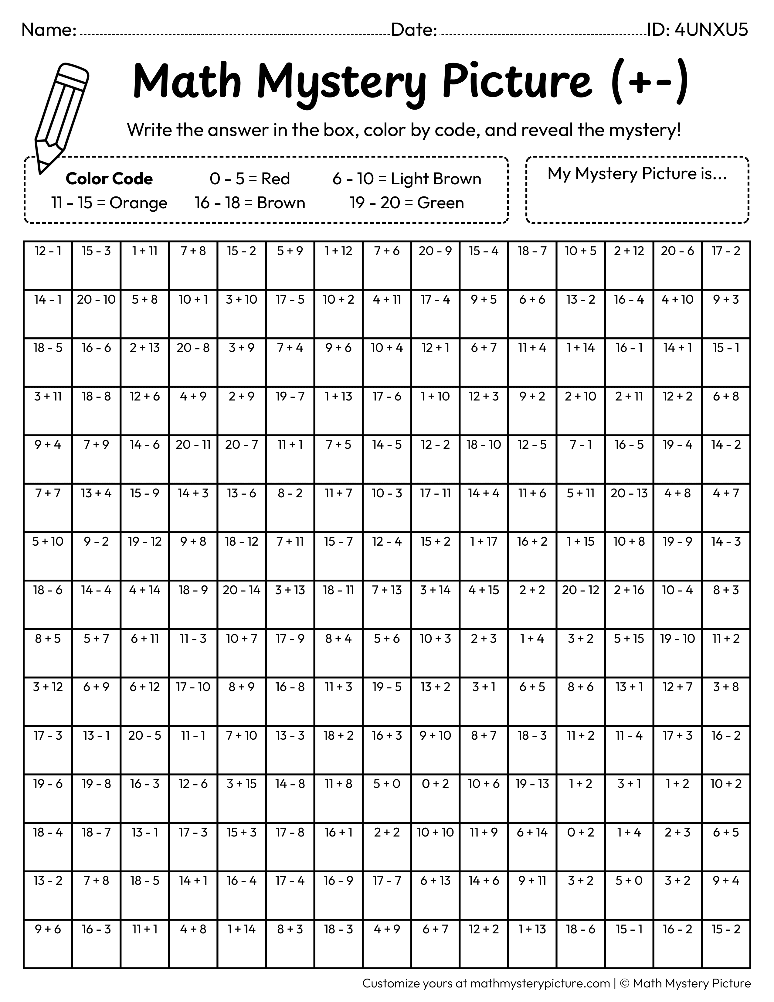 Thanksgiving Cornucopia Mixed Addition and Subtraction Within 20 Math Mystery Picture Coloring Worksheet