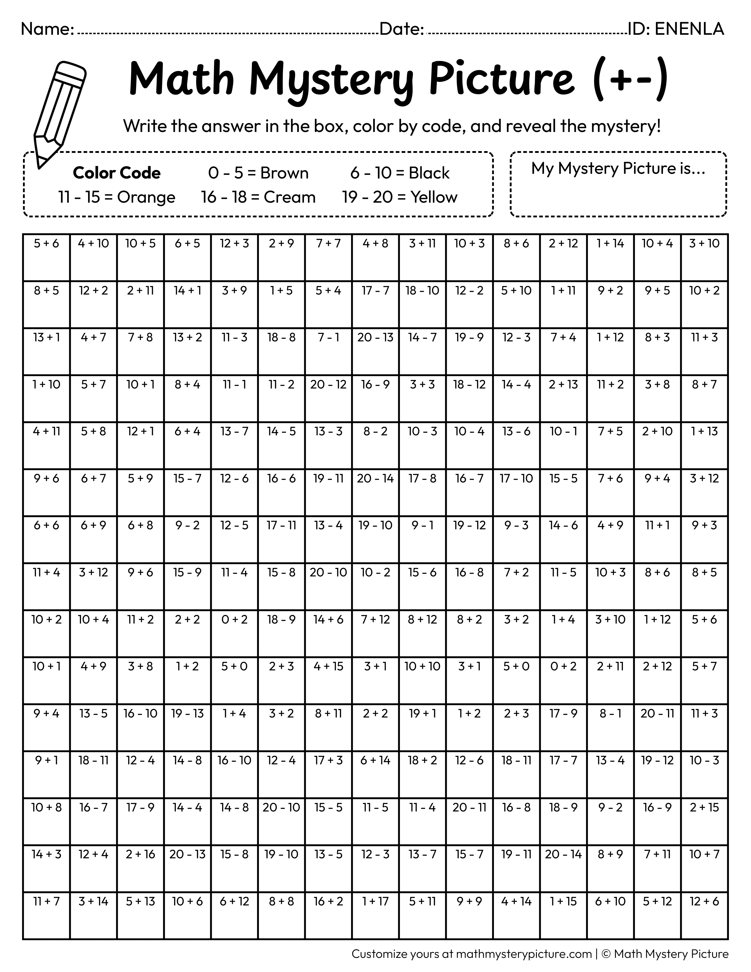 Thanksgiving Pilgrim Hat Mixed Addition and Subtraction Within 20 Math Mystery Picture Coloring Worksheet