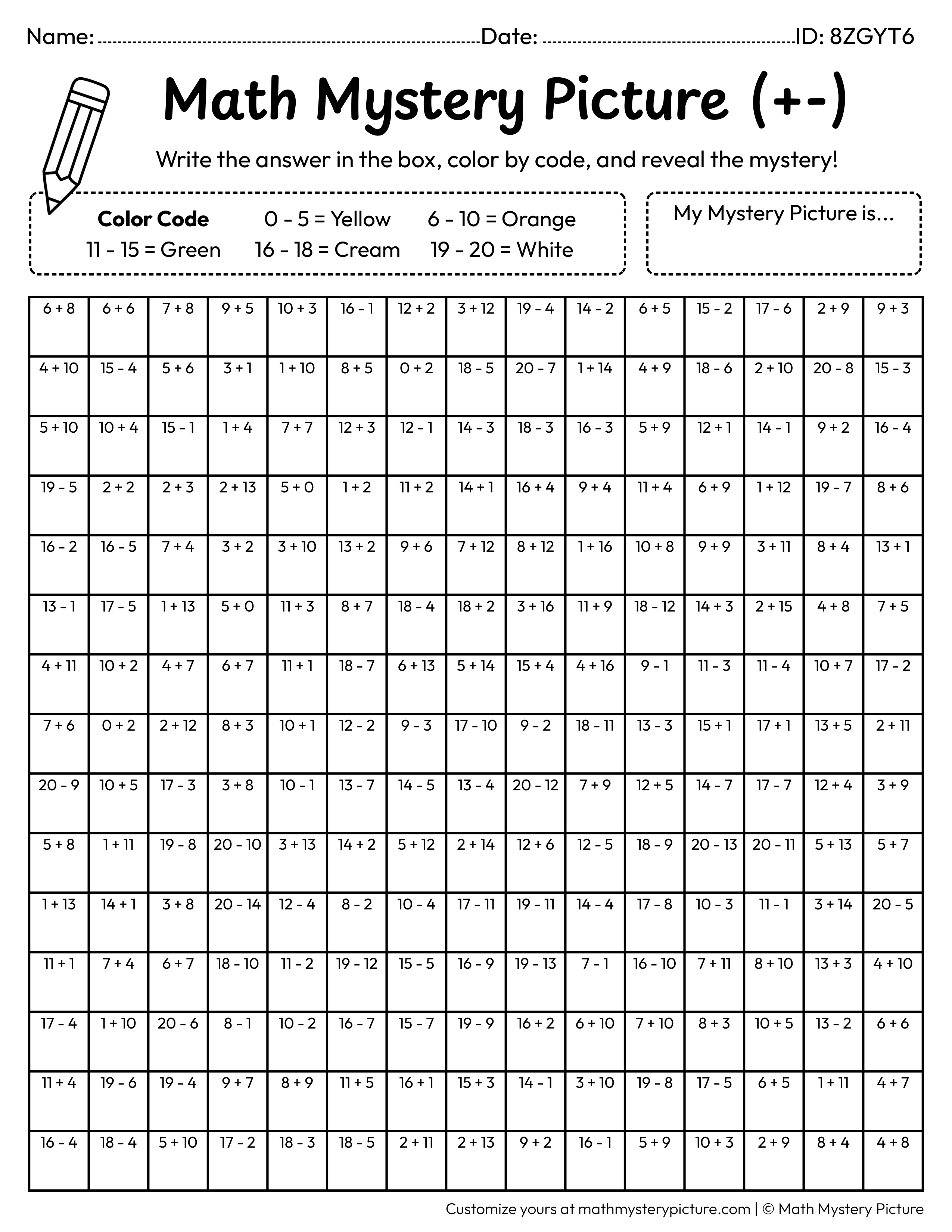 Thanksgiving Pumpkin Pie Mixed Addition and Subtraction Within 20 Math Mystery Picture Coloring Worksheet