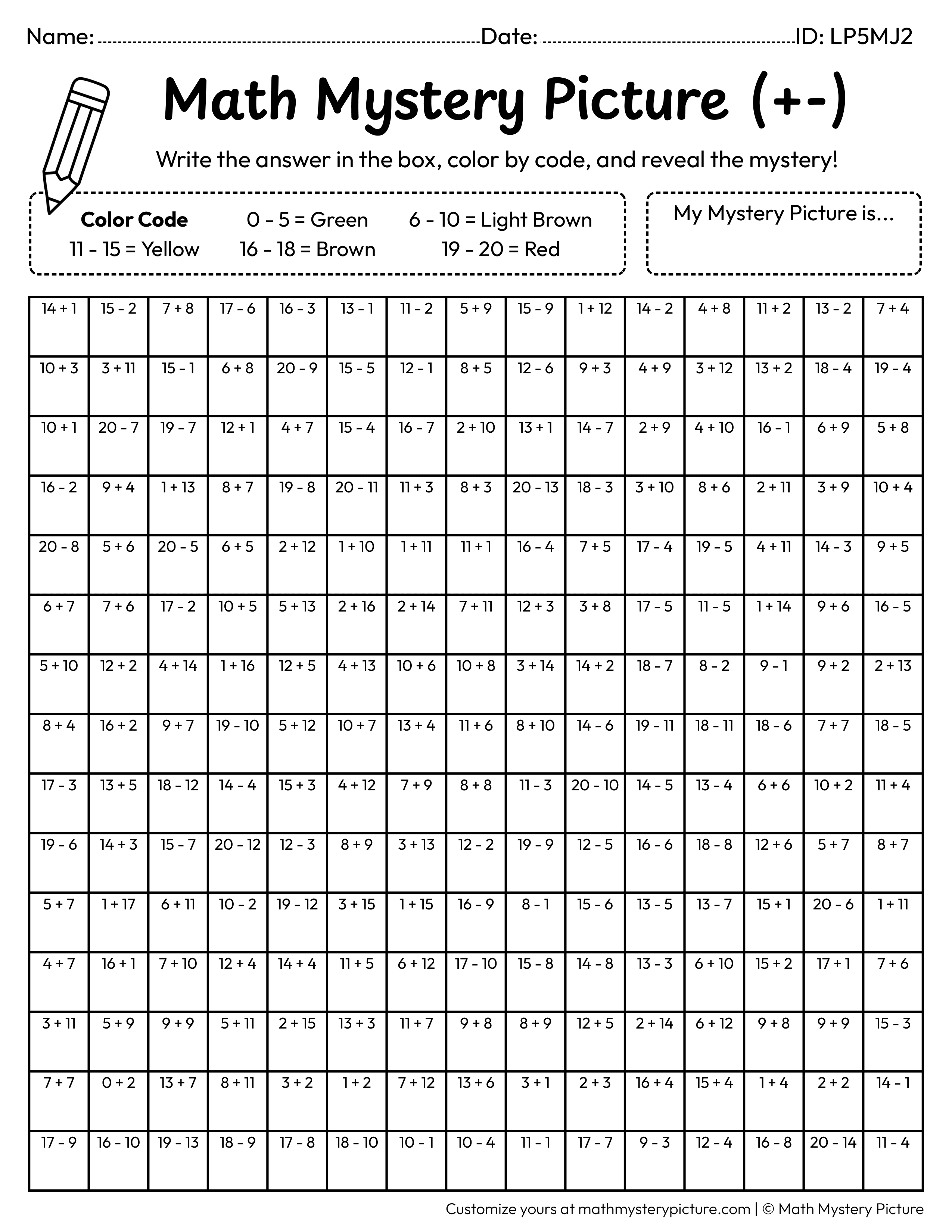 Thanksgiving Roasted Turkey Mixed Addition and Subtraction Within 20 Math Mystery Picture Coloring Worksheet