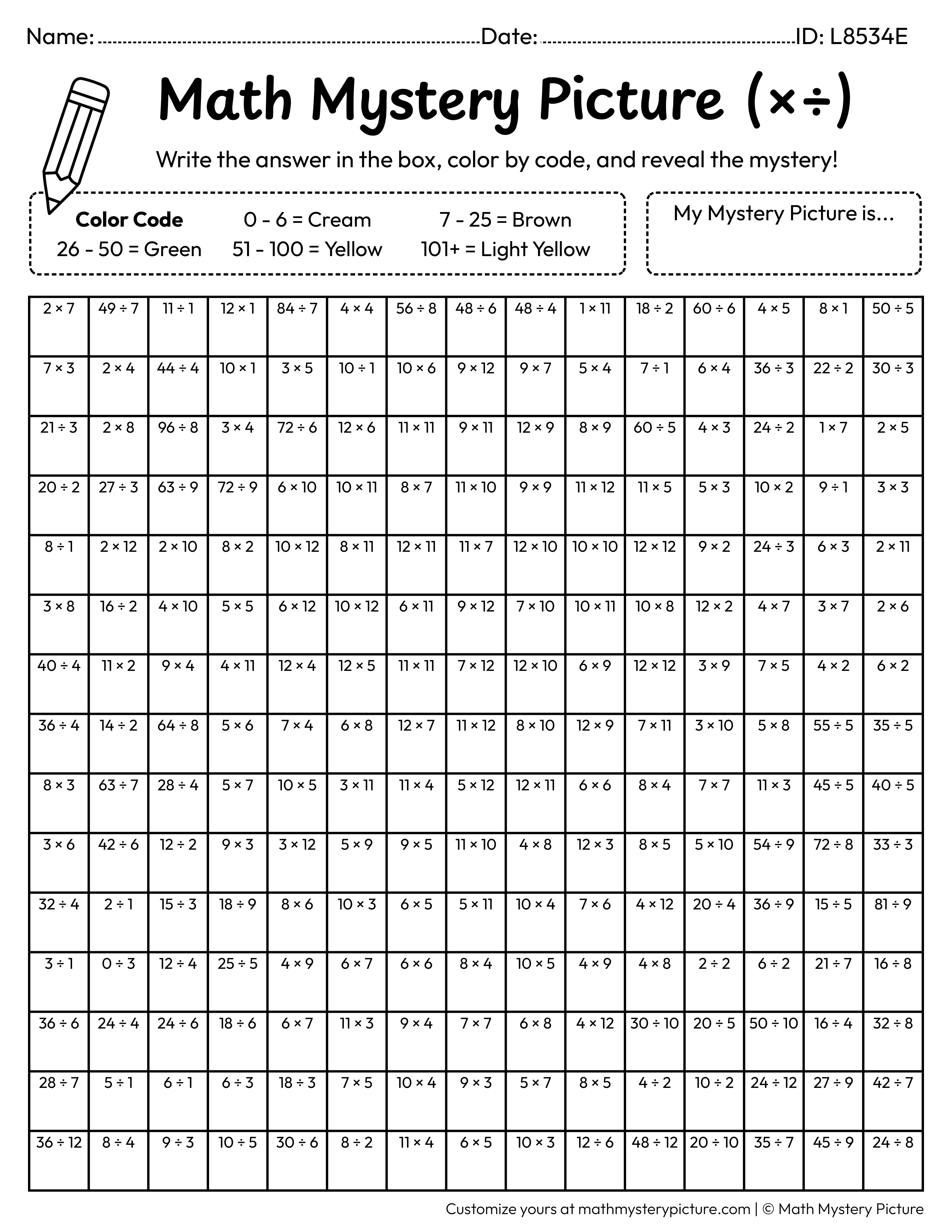 Thanksgiving Corn Mixed Multiplication and Division Facts Math Mystery Picture Coloring Worksheet