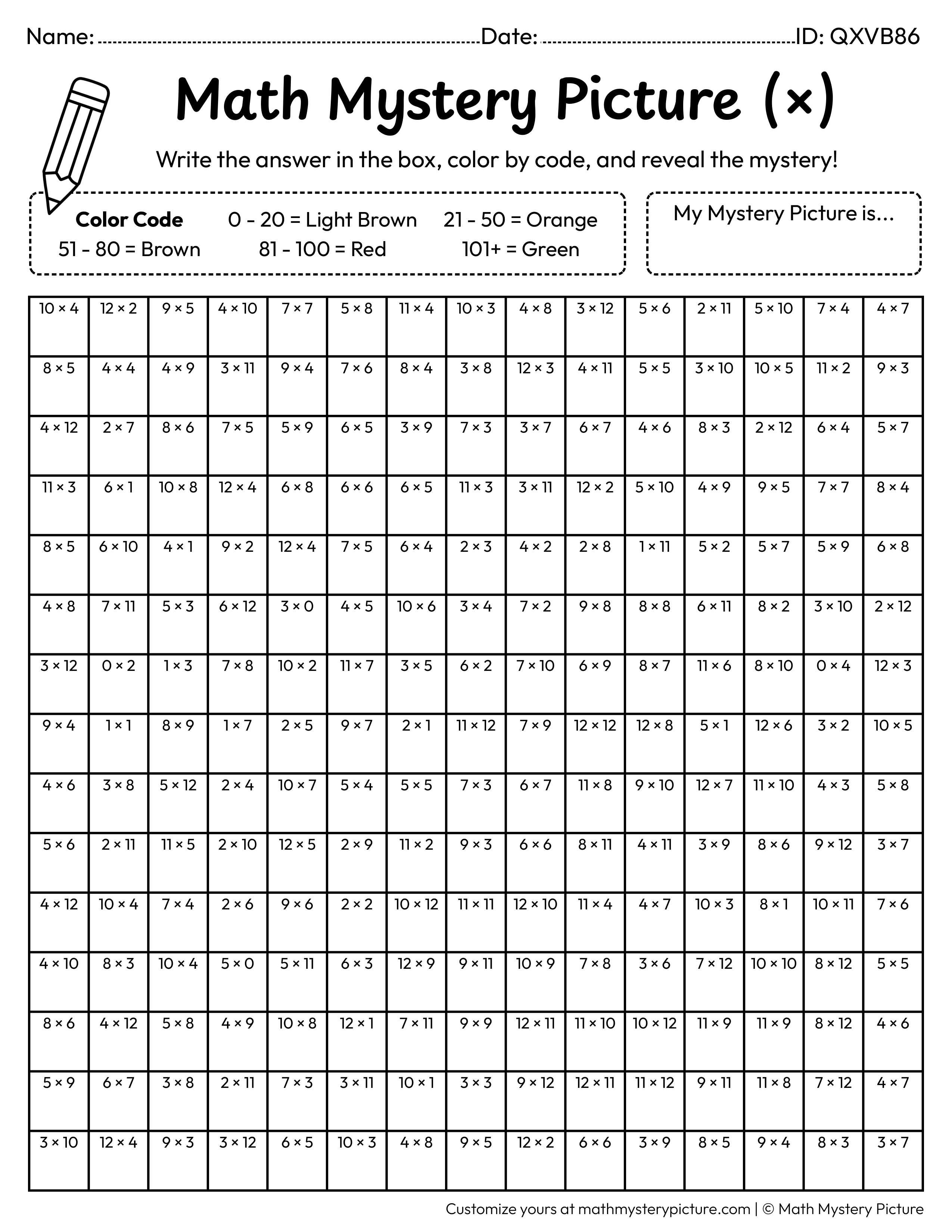 Thanksgiving Cornucopia Multiplication Facts Math Mystery Picture Coloring Worksheet