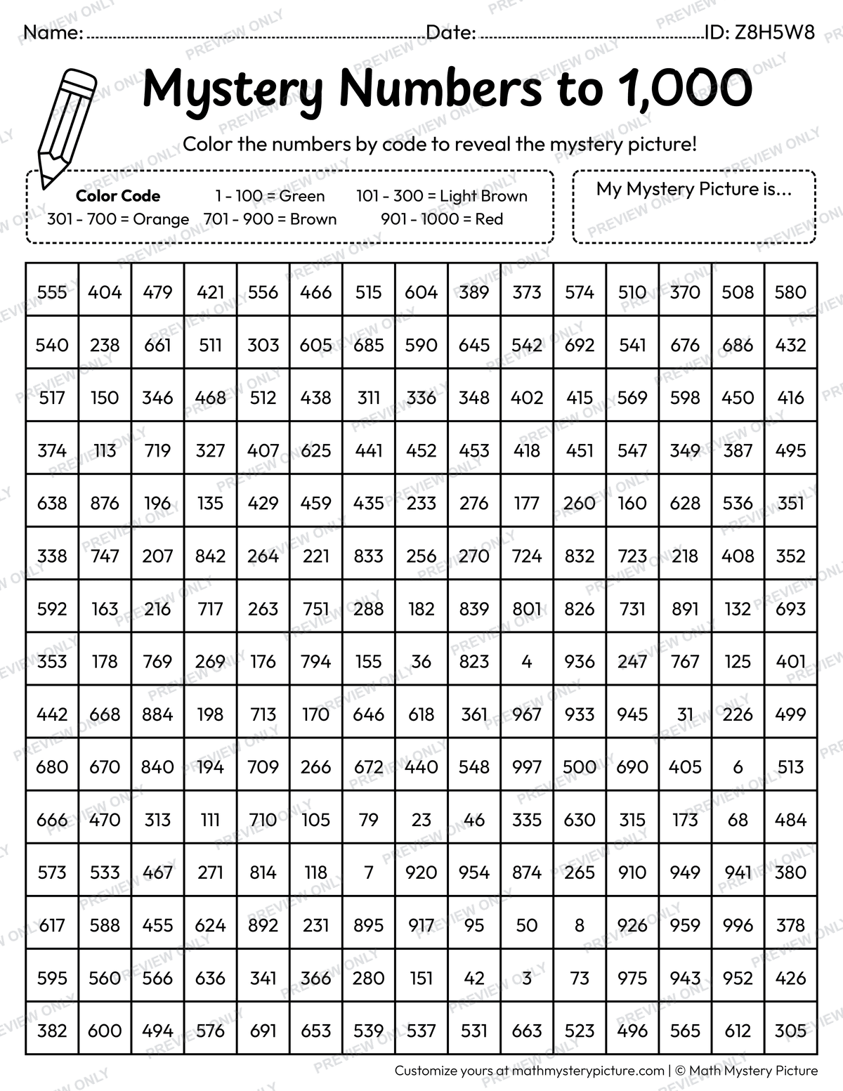 Thanksgiving Cornucopia Numbers to 1,000 Math Mystery Picture Coloring Worksheet