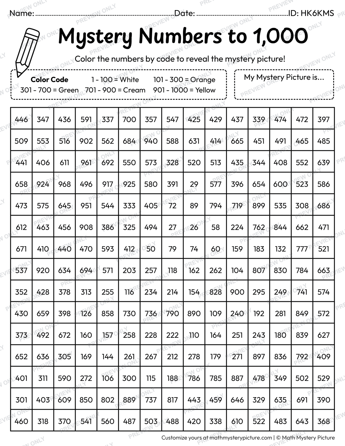 Thanksgiving Pumpkin Pie Numbers to 1,000 Math Mystery Picture Coloring Worksheet