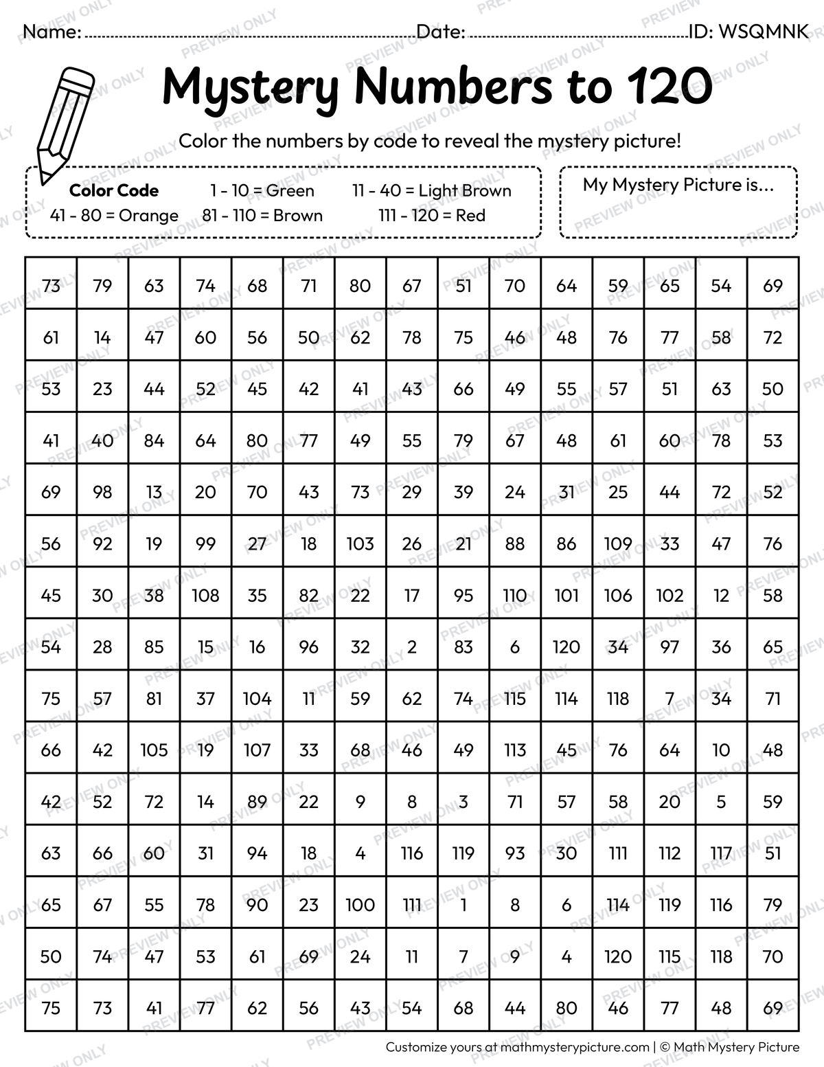 Thanksgiving Cornucopia Numbers to 120 Math Mystery Picture Coloring Worksheet