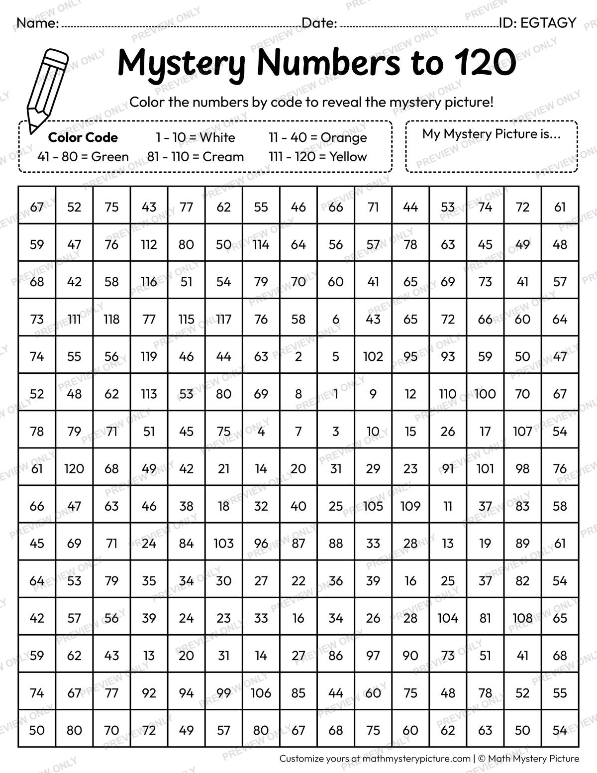 Thanksgiving Pumpkin Pie Numbers to 120 Math Mystery Picture Coloring Worksheet
