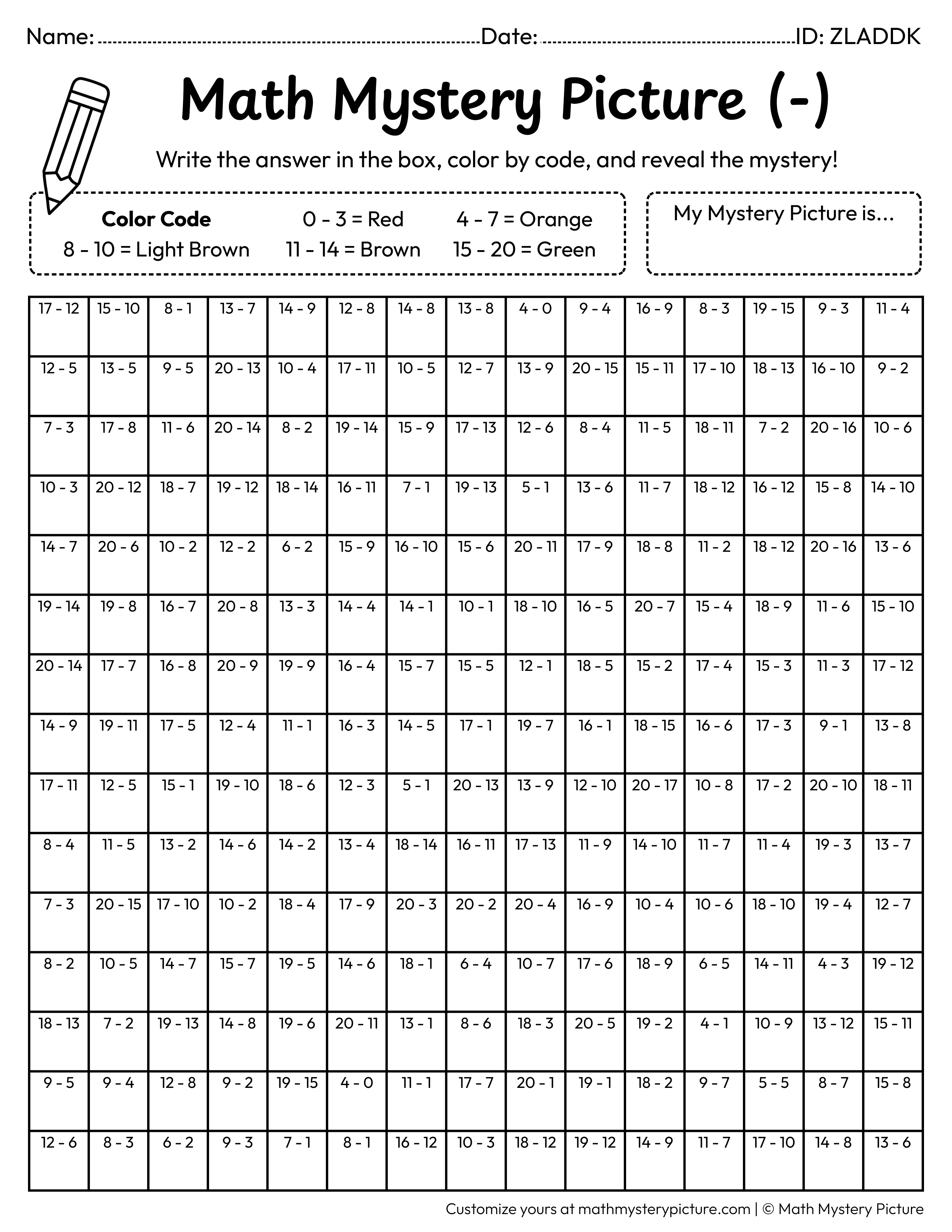 Thanksgiving Cornucopia Subtraction Within 20 Math Mystery Picture Coloring Worksheet