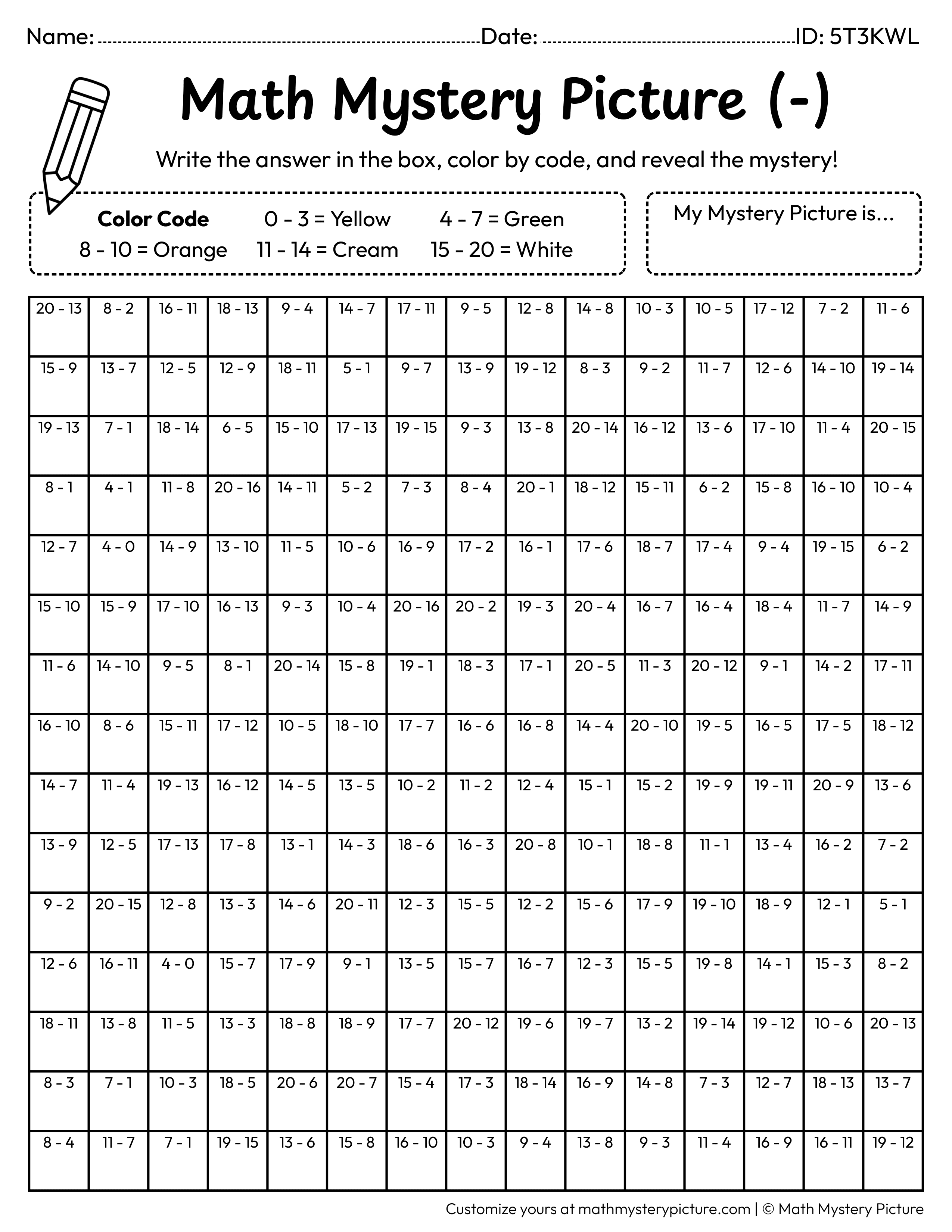 Thanksgiving Pumpkin Pie Subtraction Within 20 Math Mystery Picture Coloring Worksheet
