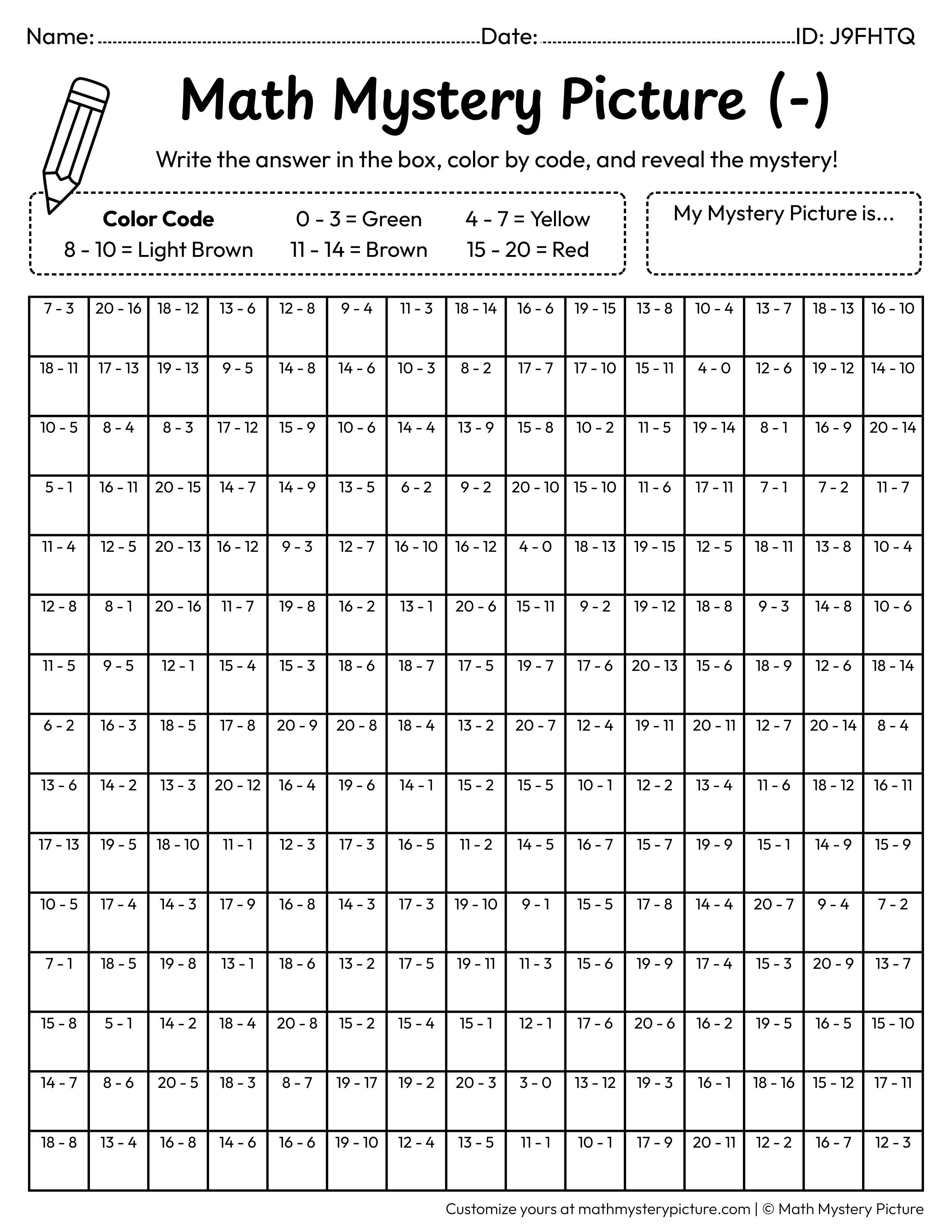 Thanksgiving Roasted Turkey Subtraction Within 20 Math Mystery Picture Coloring Worksheet