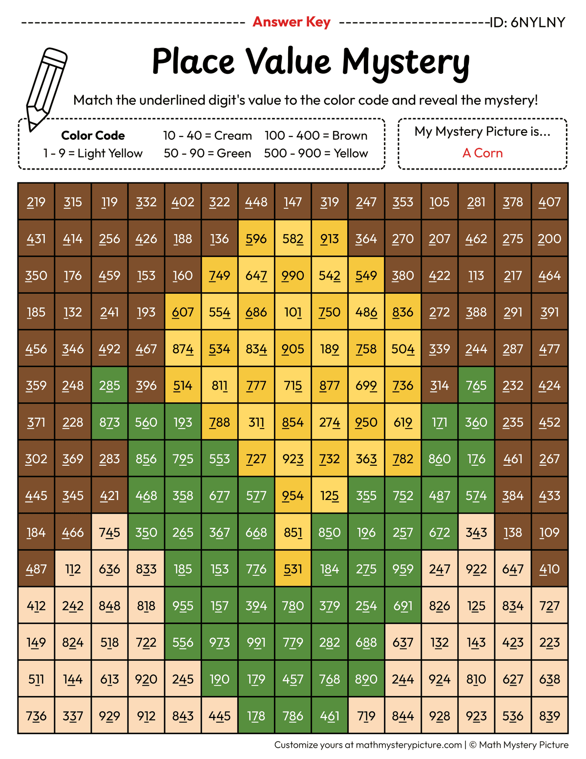 Thanksgiving Corn Value of Underlined Digit Math Mystery Picture Color by Number Answer Key
