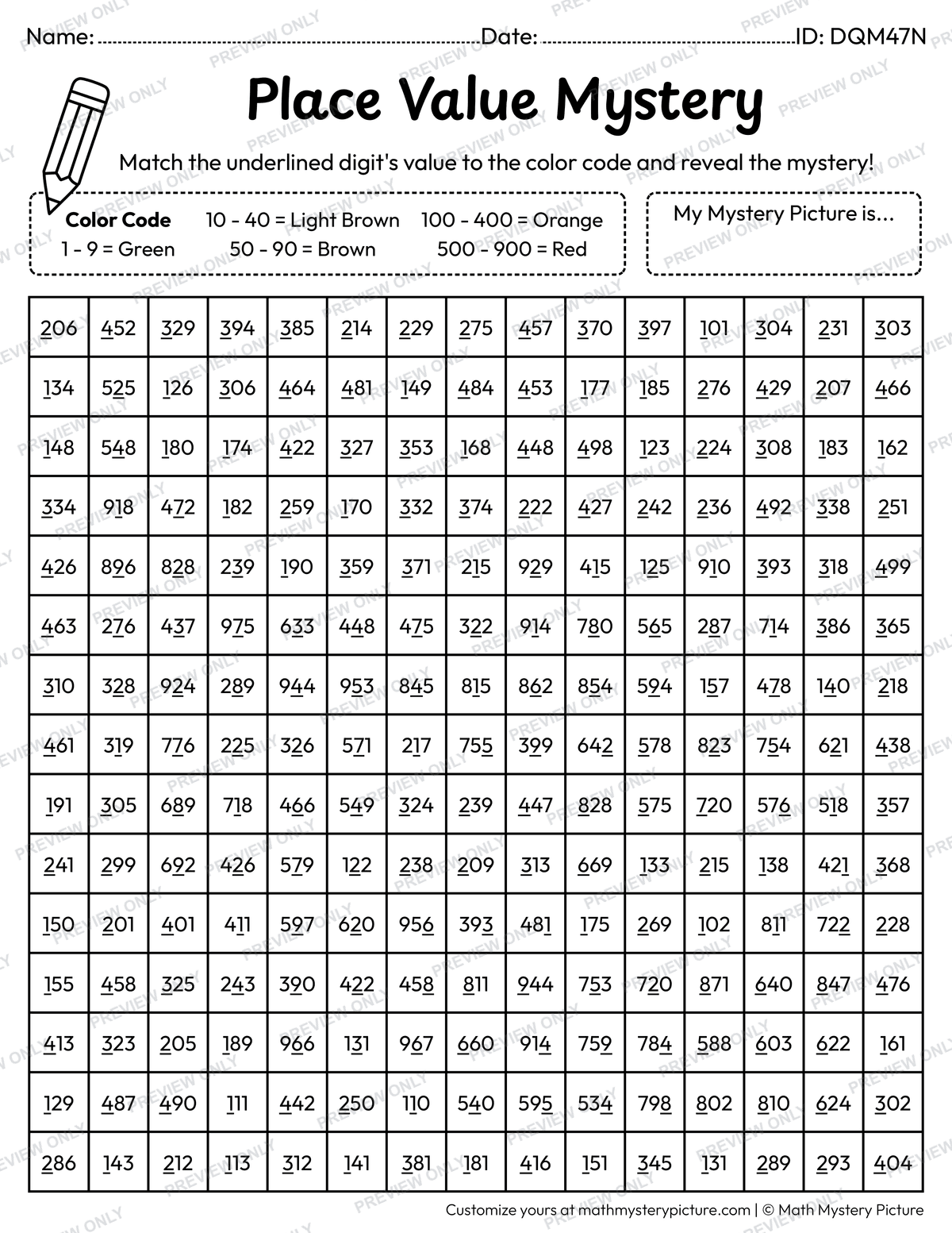 Thanksgiving Cornucopia Value of Underlined Digit Math Mystery Picture Coloring Worksheet