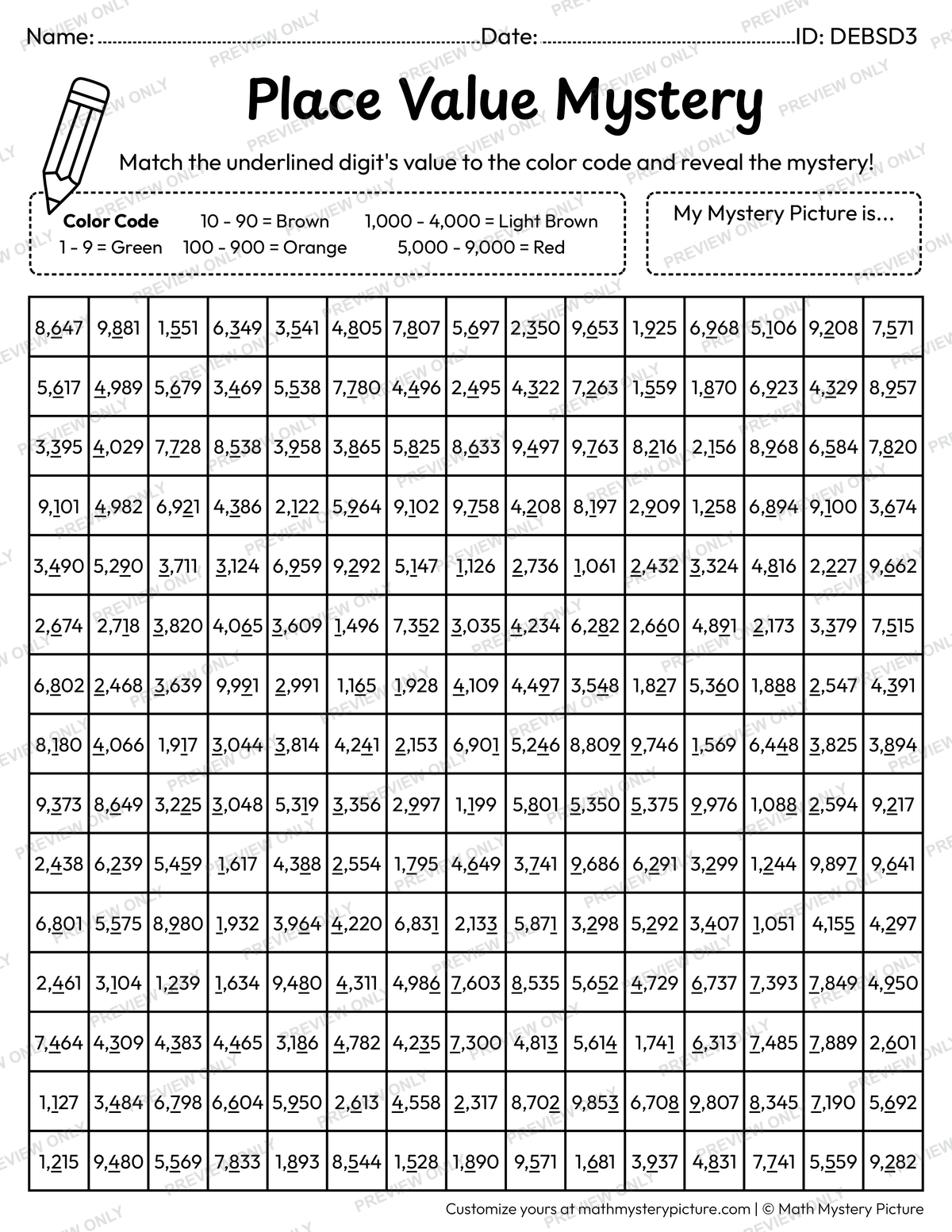 Thanksgiving Cornucopia Value of Underlined Digit Math Mystery Picture Coloring Worksheet