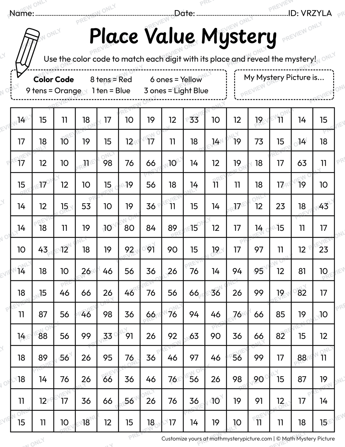 Submarine 2-digit Place Value Math Mystery Picture Coloring Worksheet