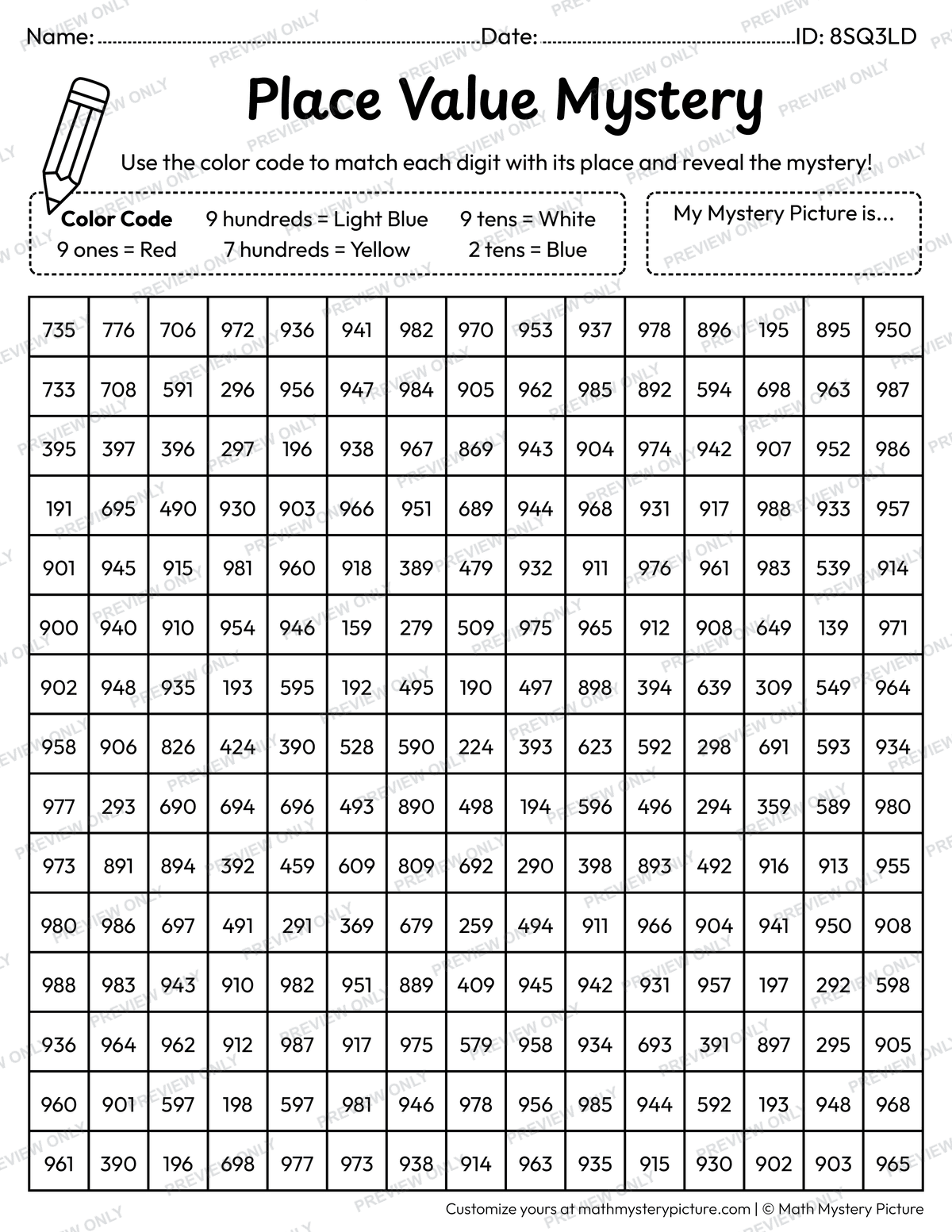 Airplane 3-digit Place Value Math Mystery Picture Coloring Worksheet