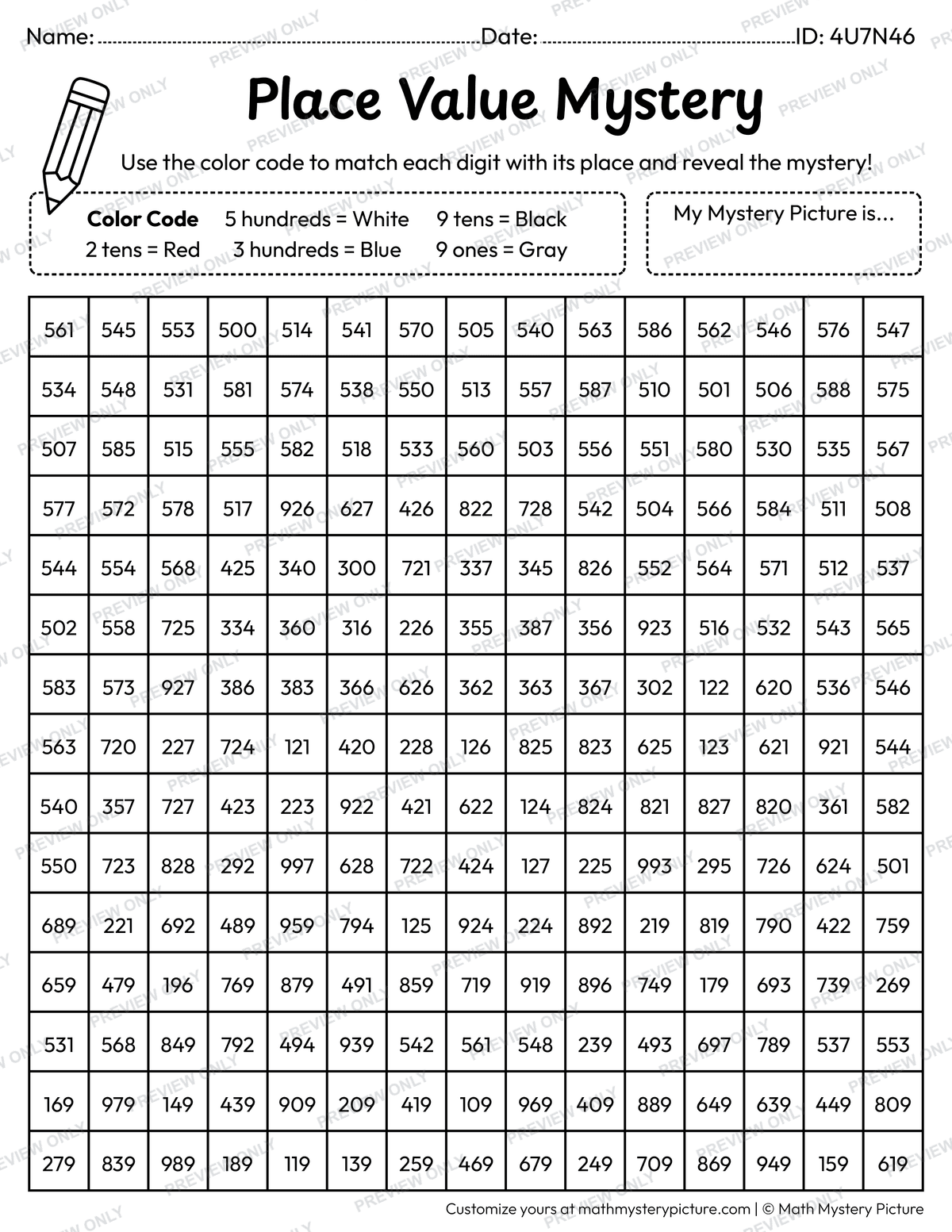 Car 3-digit Place Value Math Mystery Picture Coloring Worksheet