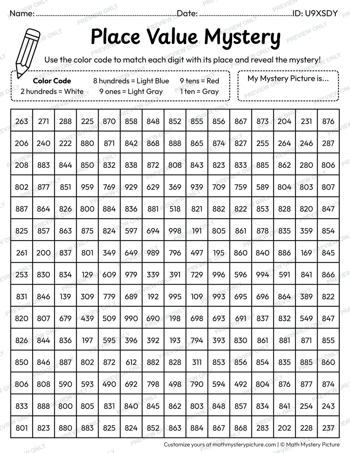 Helicopter 3-digit Place Value Math Mystery Picture Coloring Worksheet