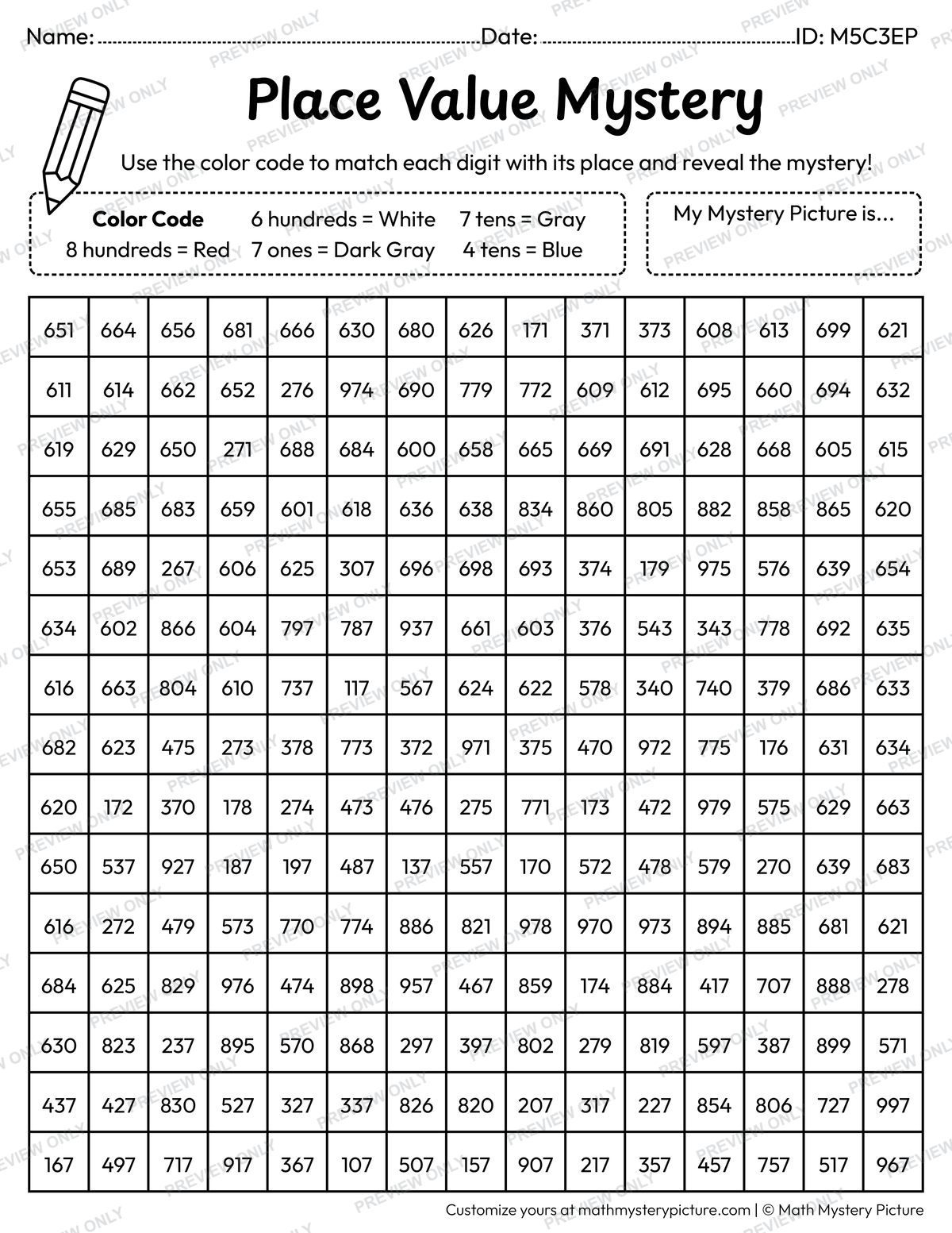 Train 3-digit Place Value Math Mystery Picture Coloring Worksheet