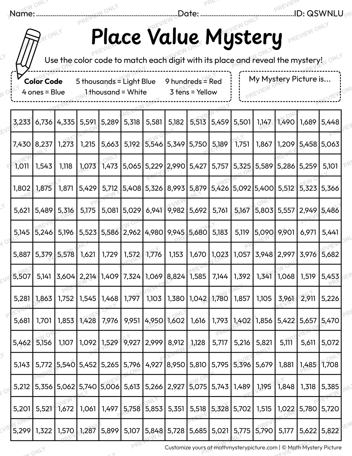 Airplane 4-digit Place Value Math Mystery Picture Coloring Worksheet