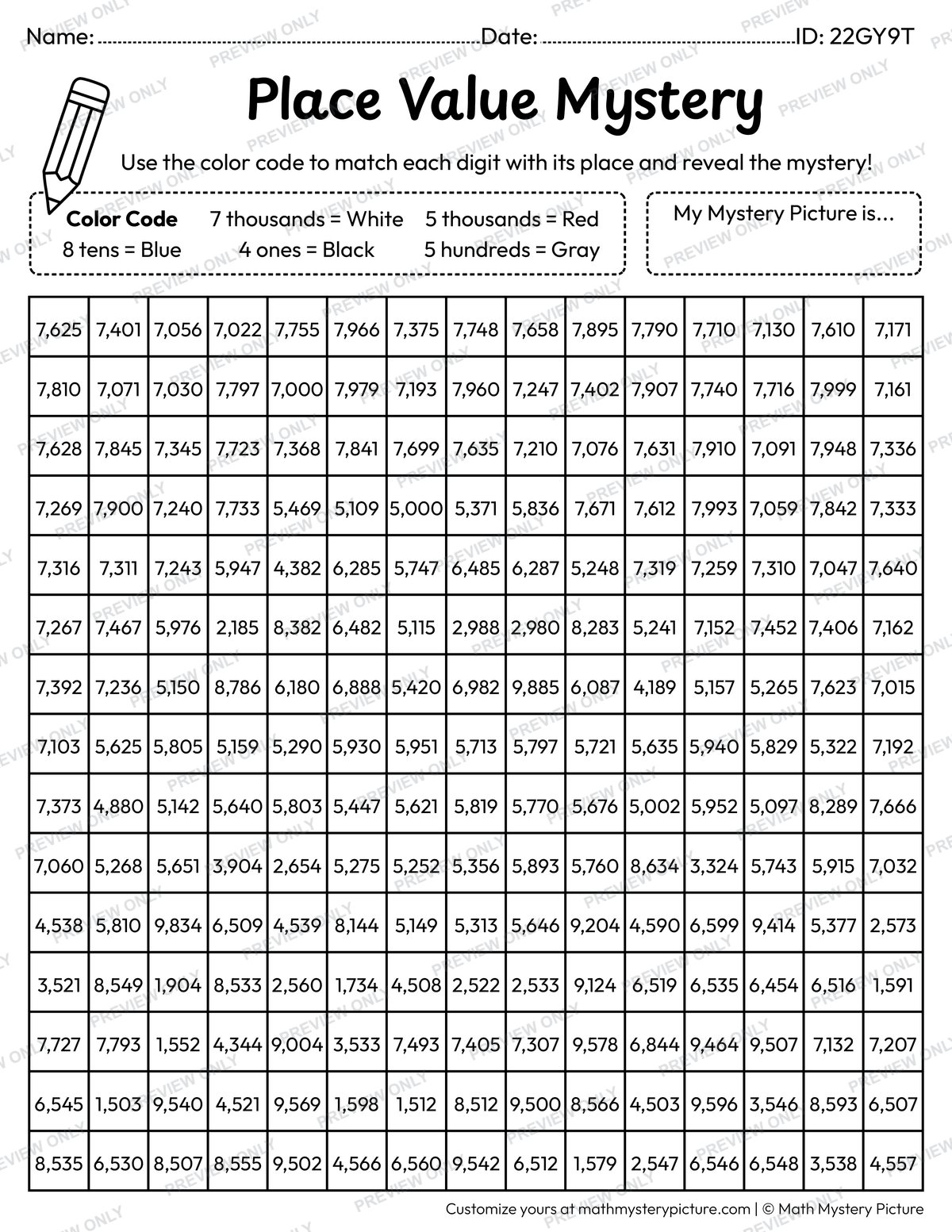 Car 4-digit Place Value Math Mystery Picture Coloring Worksheet