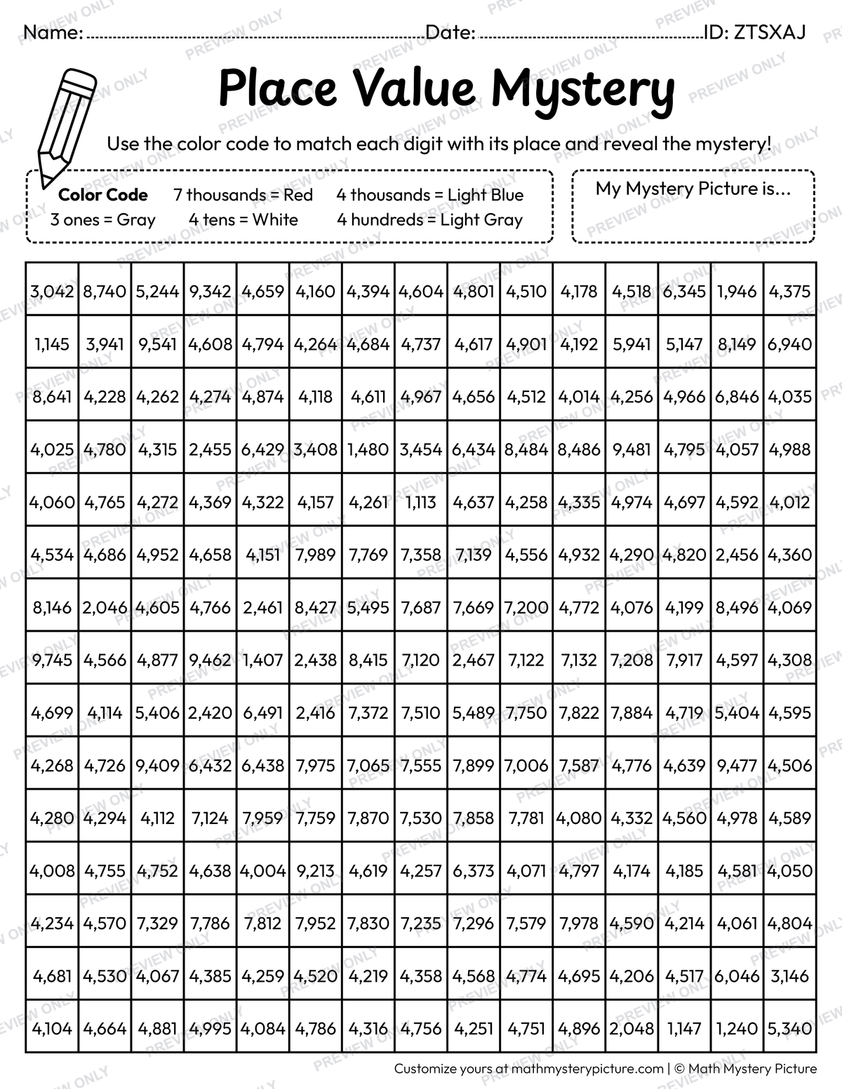 Helicopter 4-digit Place Value Math Mystery Picture Coloring Worksheet