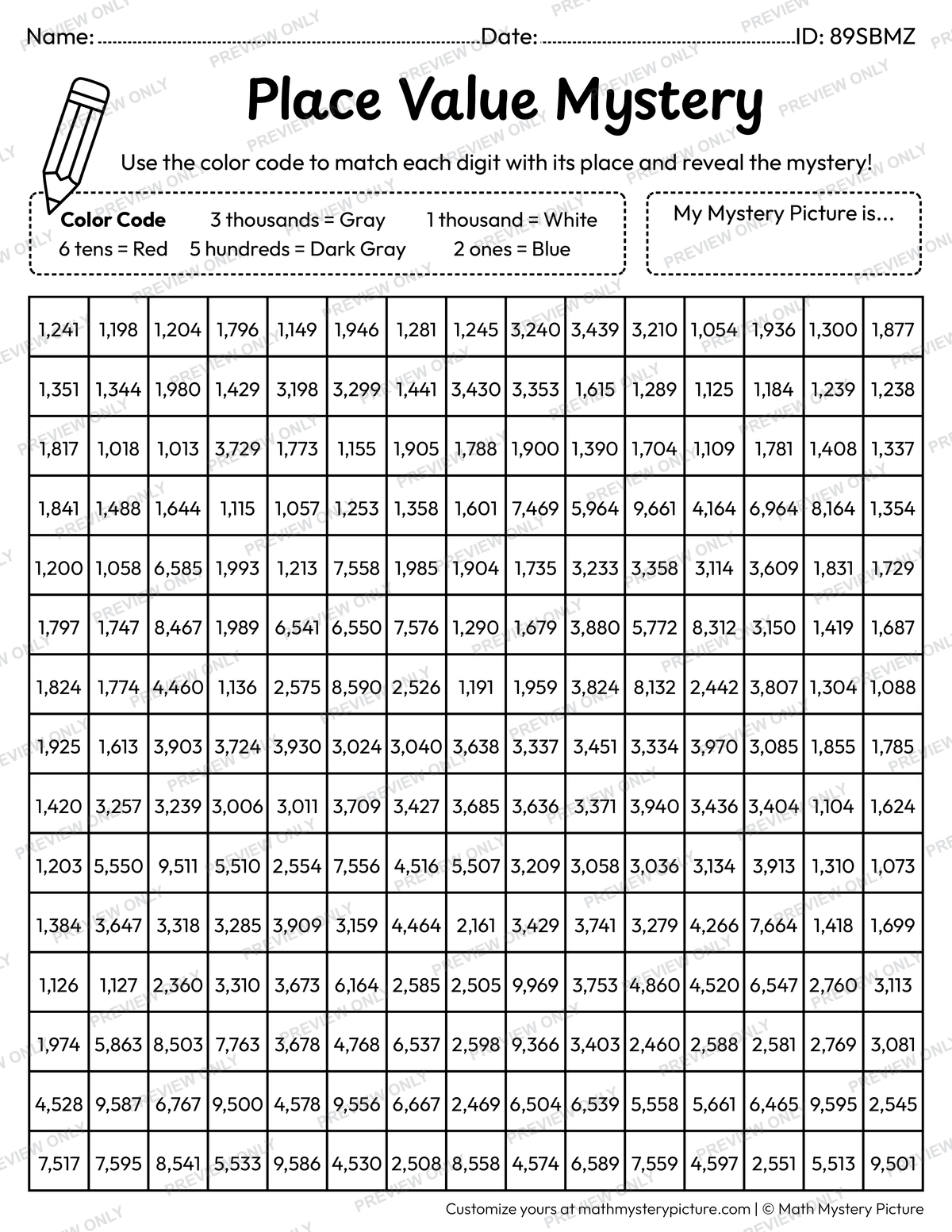 Train 4-digit Place Value Math Mystery Picture Coloring Worksheet