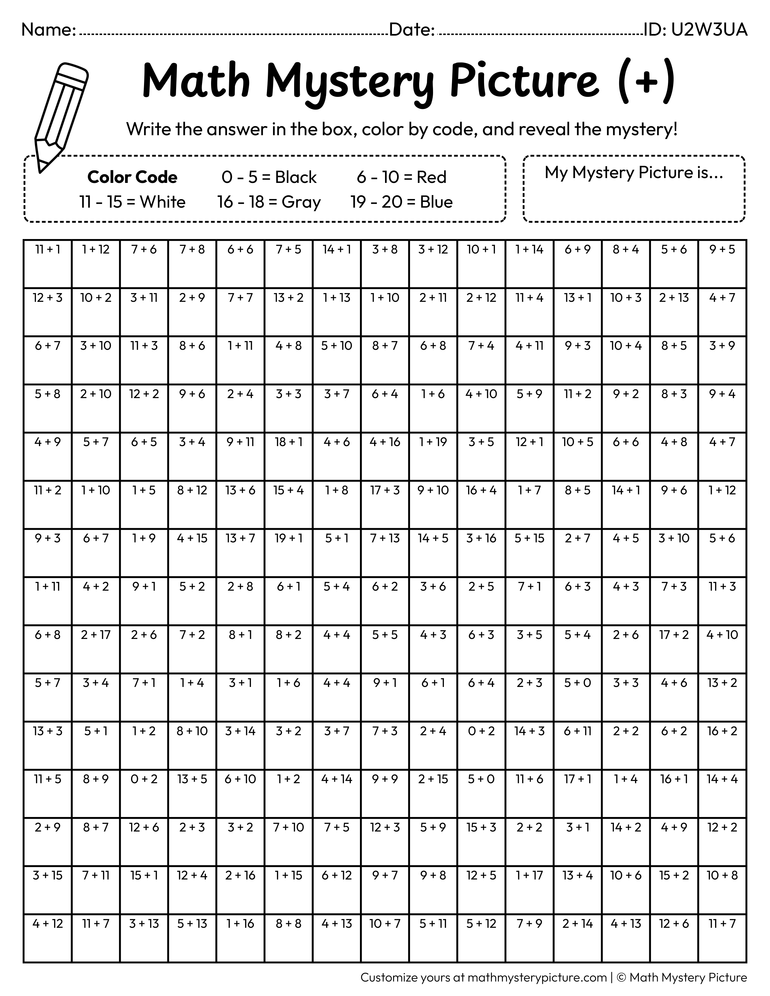 Car Addition Within 20 Math Mystery Picture Coloring Worksheet