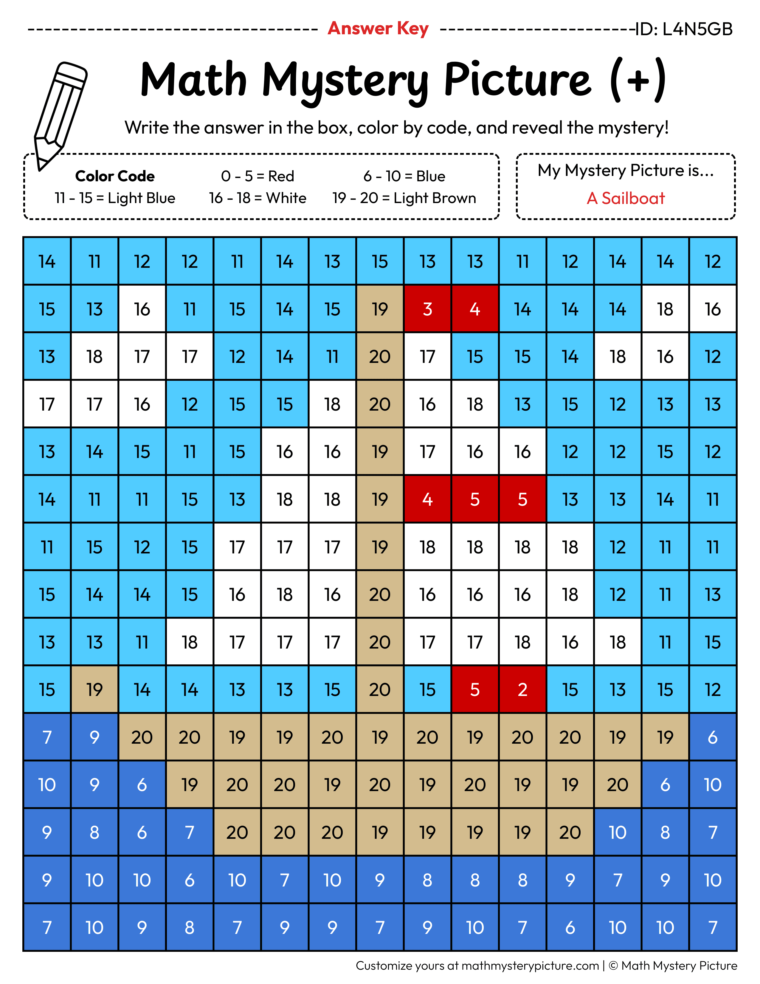 Sailboat Addition Within 20 Math Mystery Picture Color by Number Answer Key