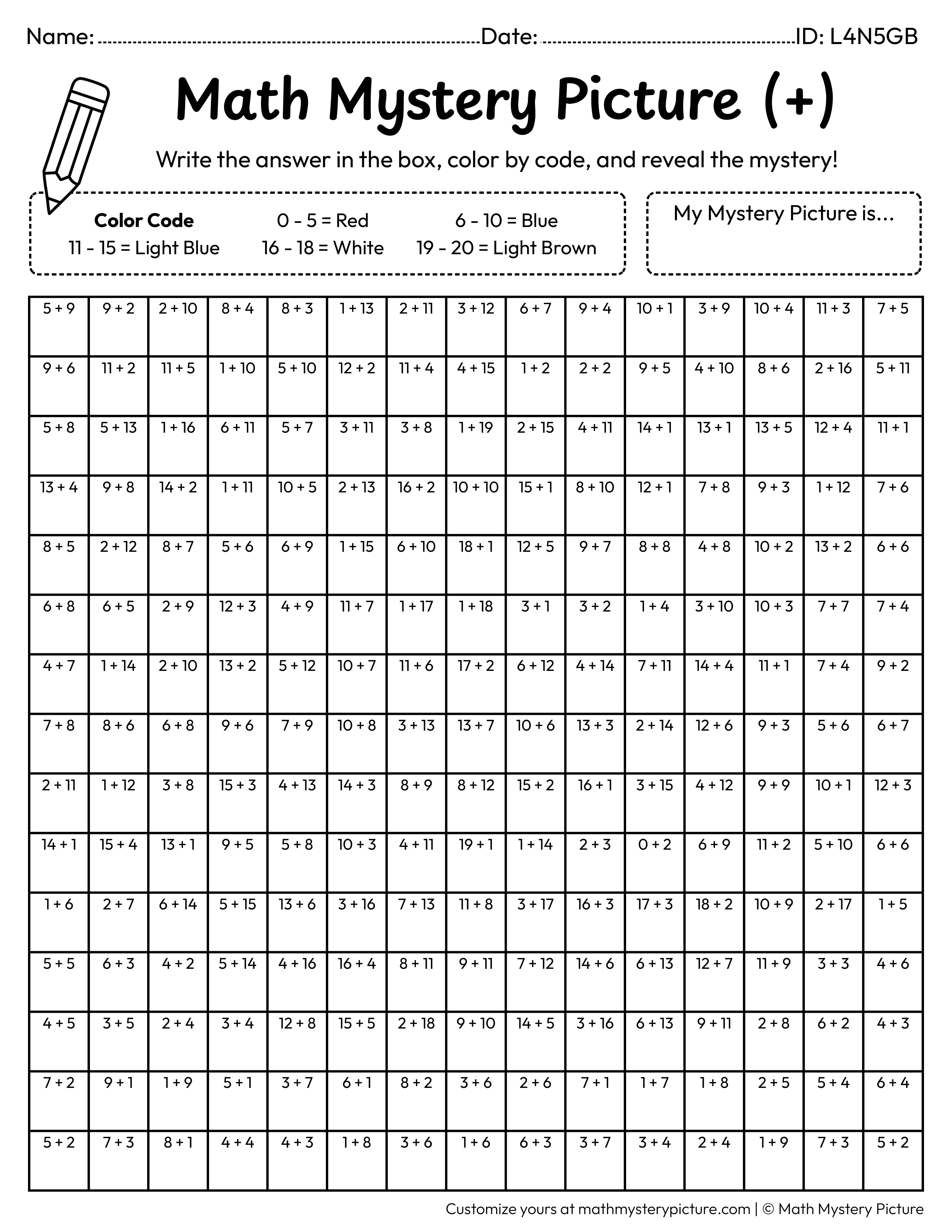 Sailboat Addition Within 20 Math Mystery Picture Coloring Worksheet