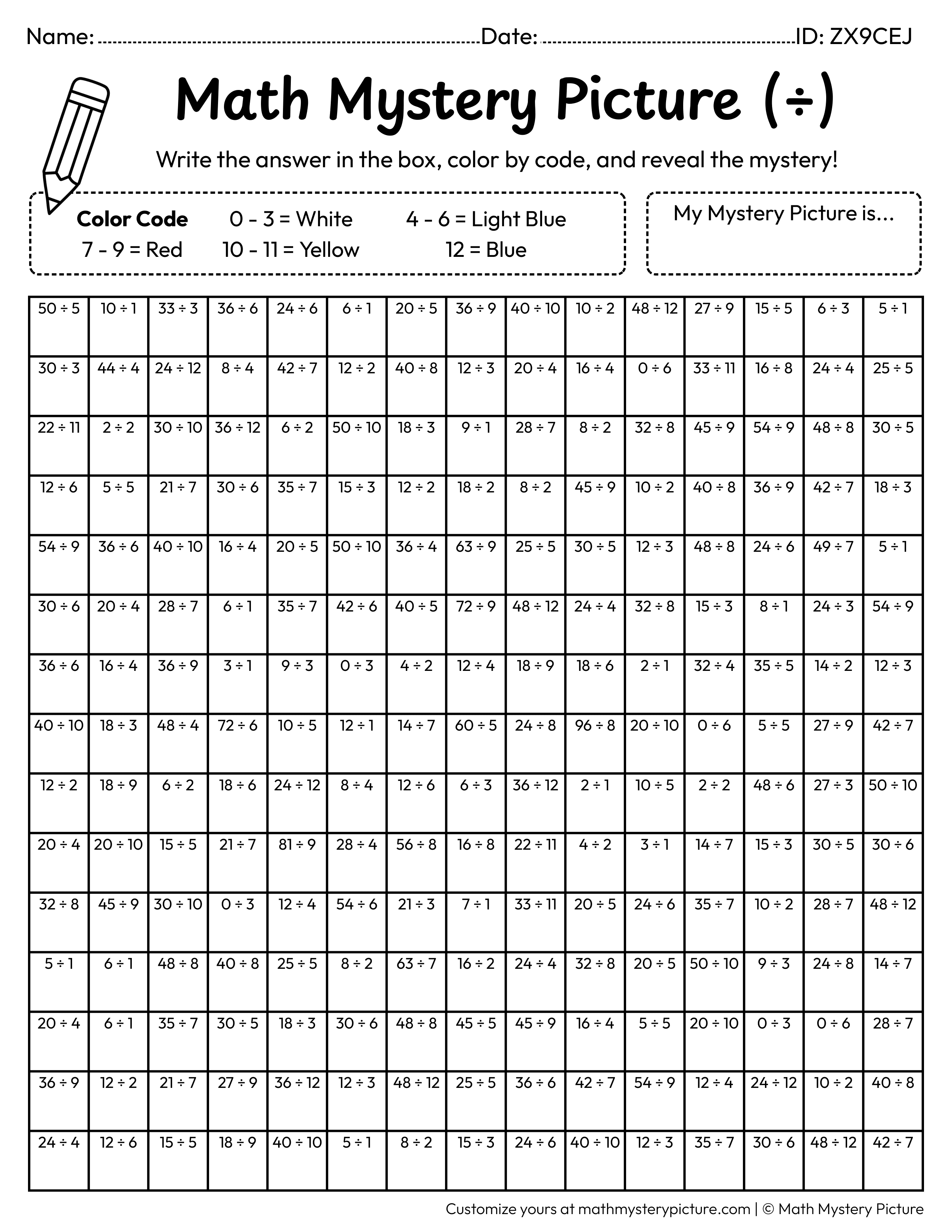 Airplane Division Facts Math Mystery Picture Coloring Worksheet