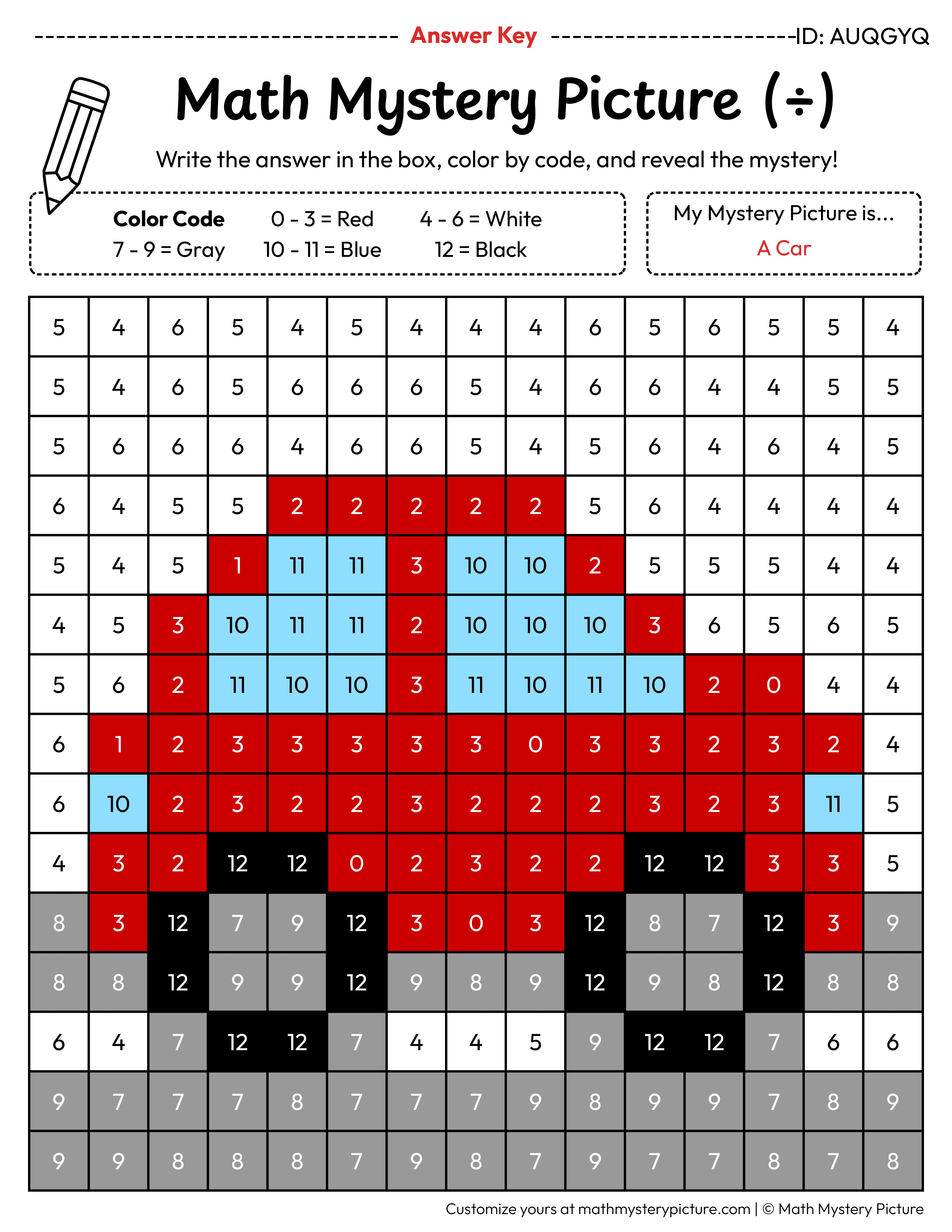 Car Division Facts Math Mystery Picture Color by Number Answer Key