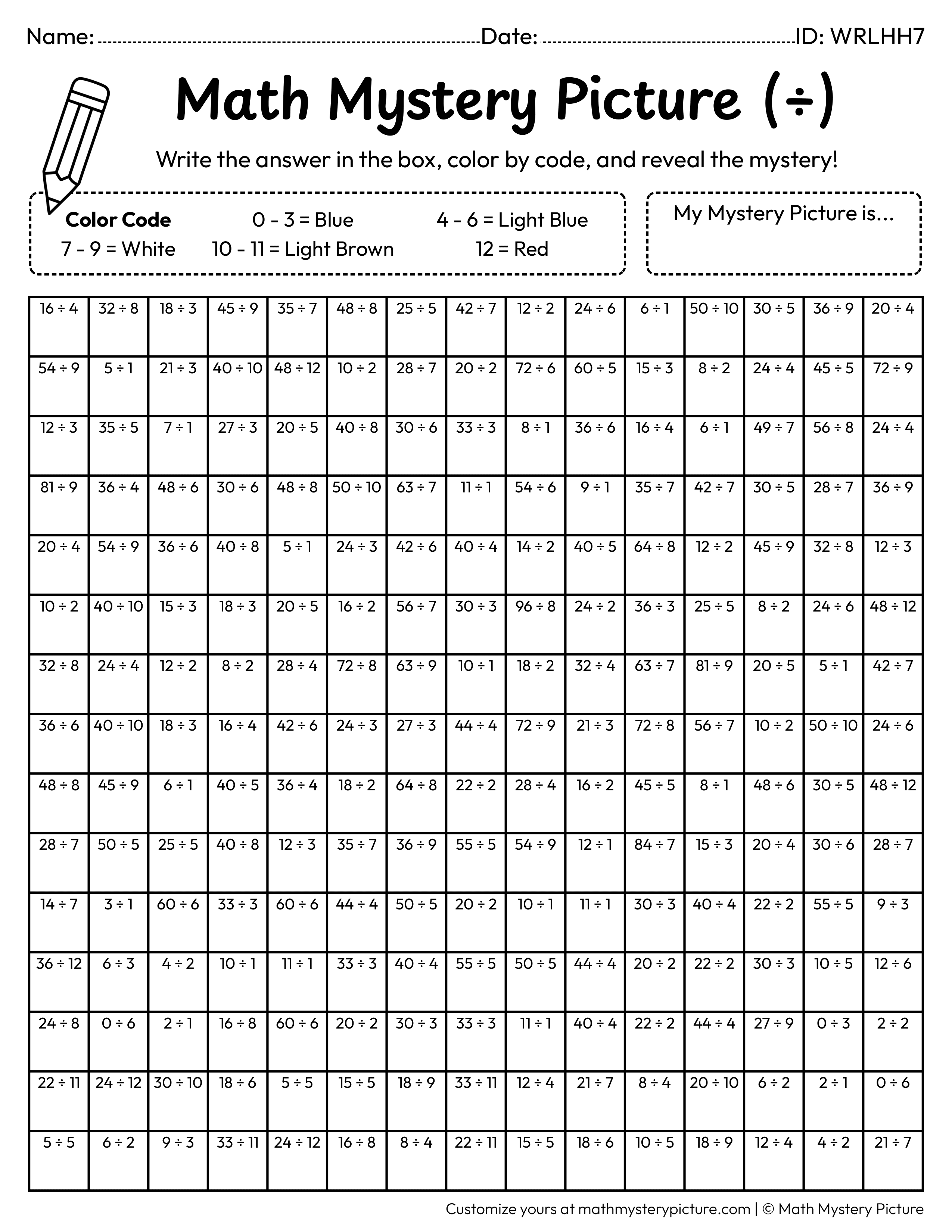 Sailboat Division Facts Math Mystery Picture Coloring Worksheet