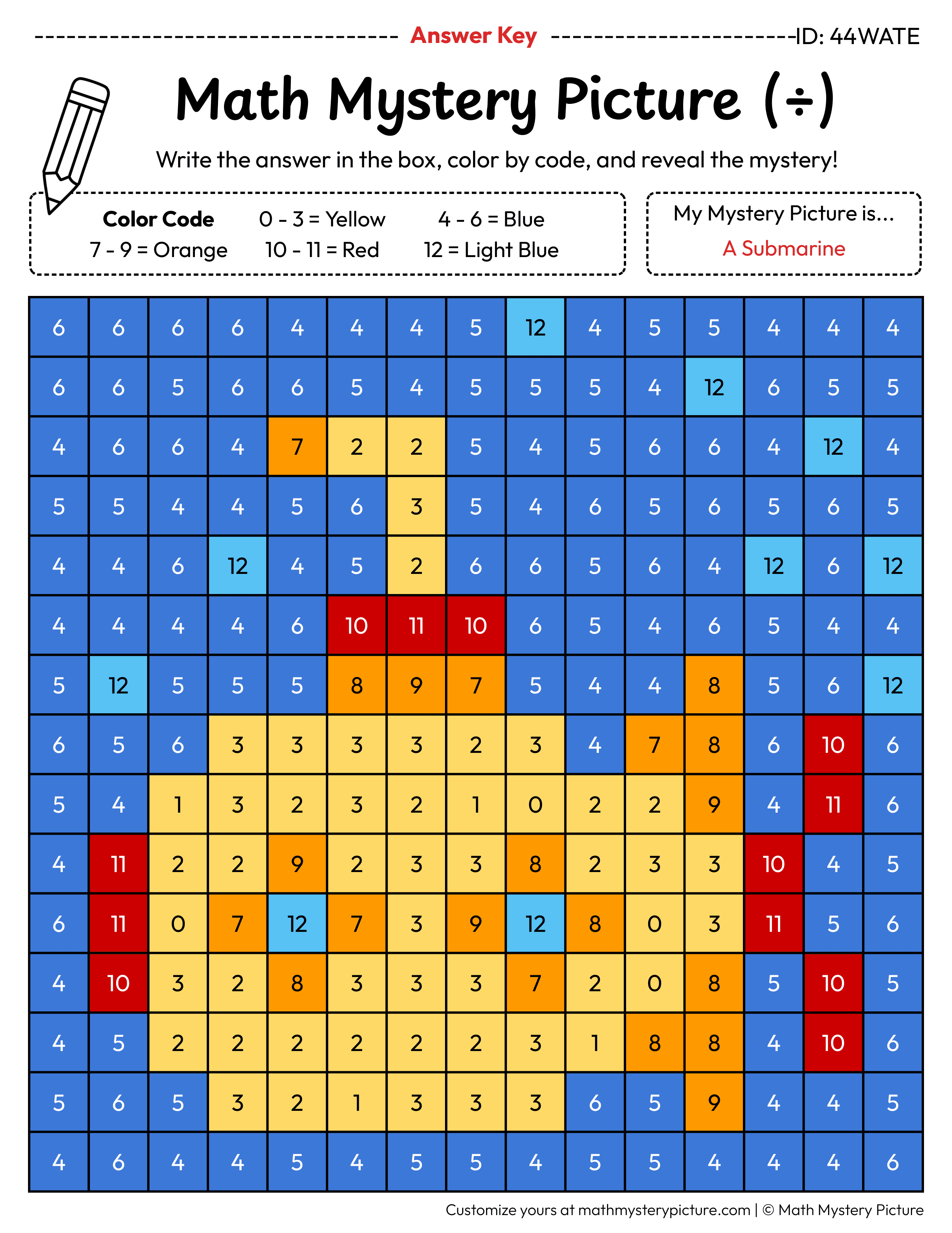 Submarine Division Facts Math Mystery Picture Color by Number Answer Key