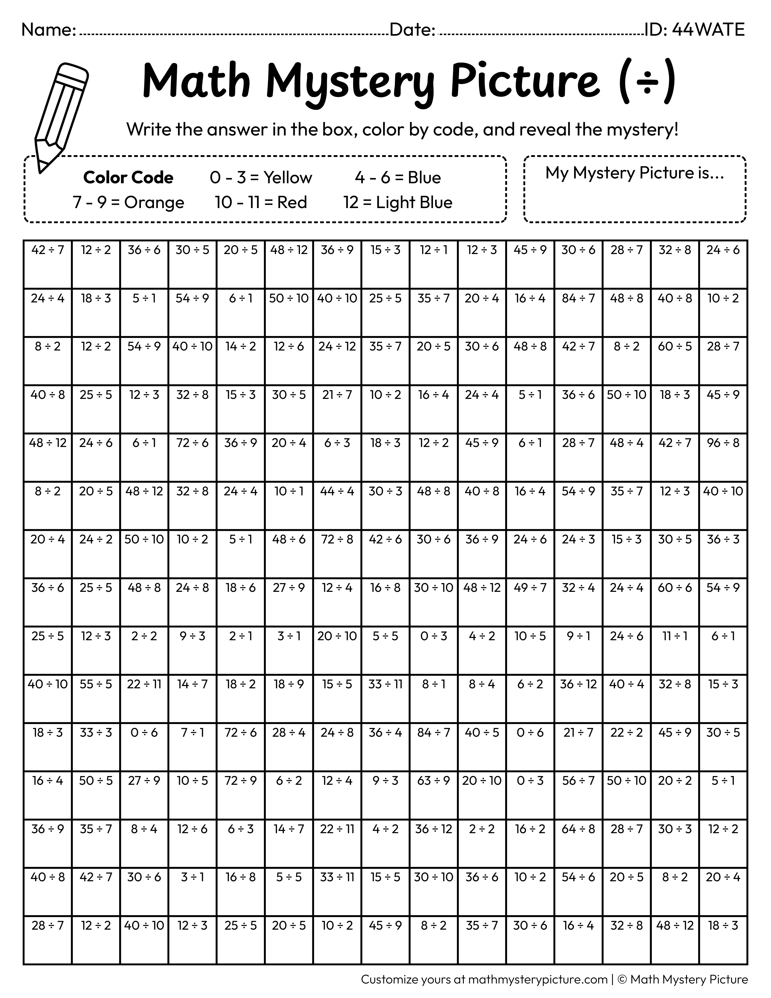 Submarine Division Facts Math Mystery Picture Coloring Worksheet