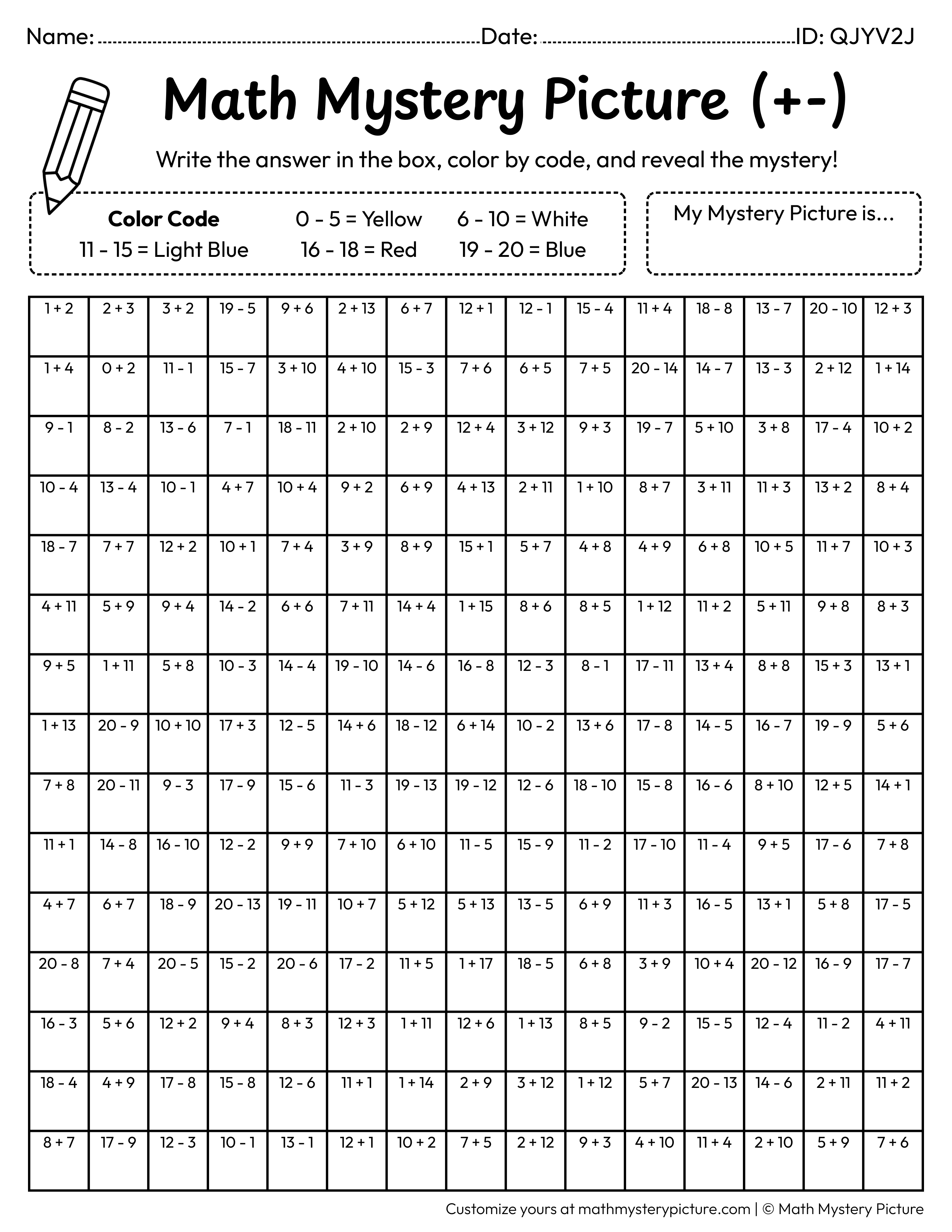Airplane Mixed Addition and Subtraction Within 20 Math Mystery Picture Coloring Worksheet