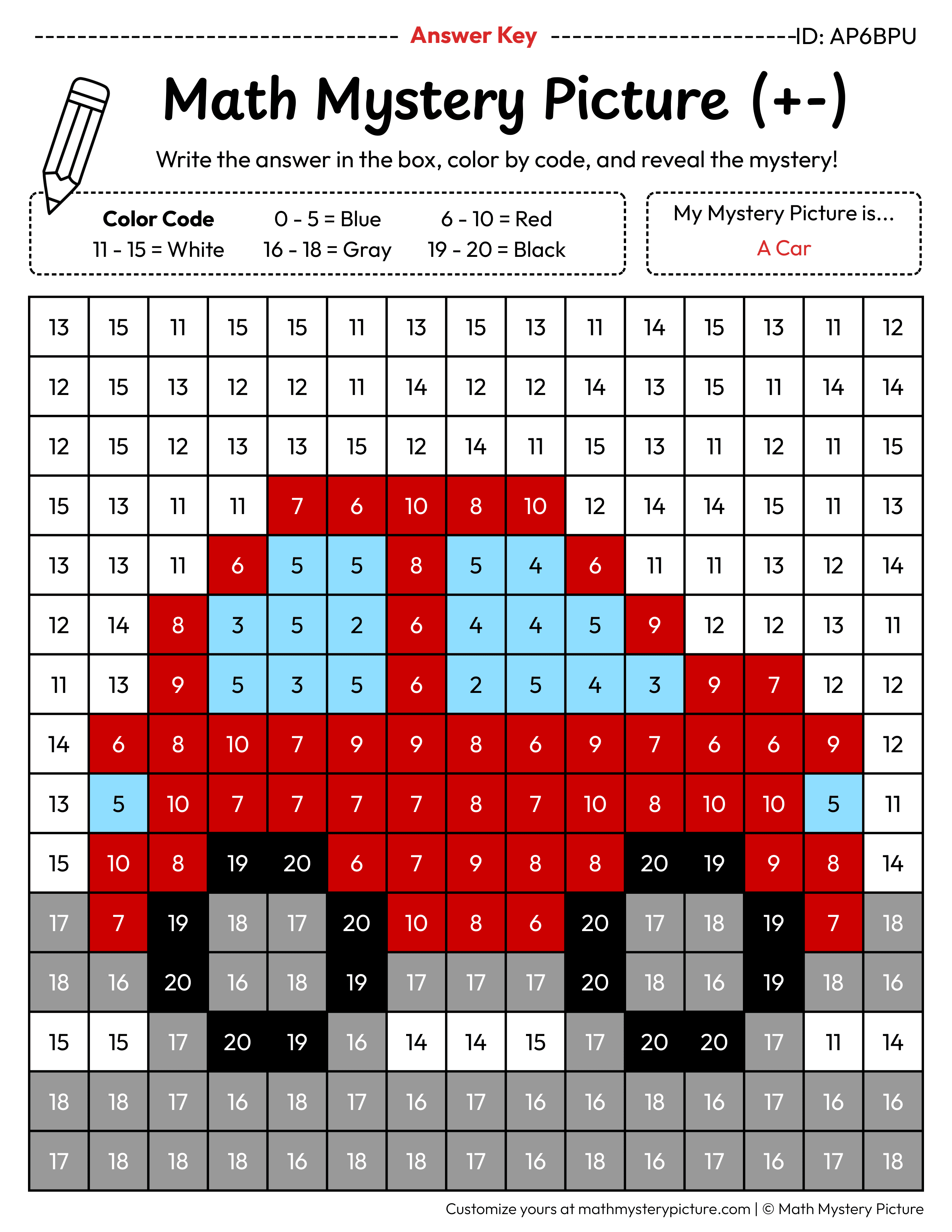 Car Mixed Addition and Subtraction Within 20 Math Mystery Picture Color by Number Answer Key