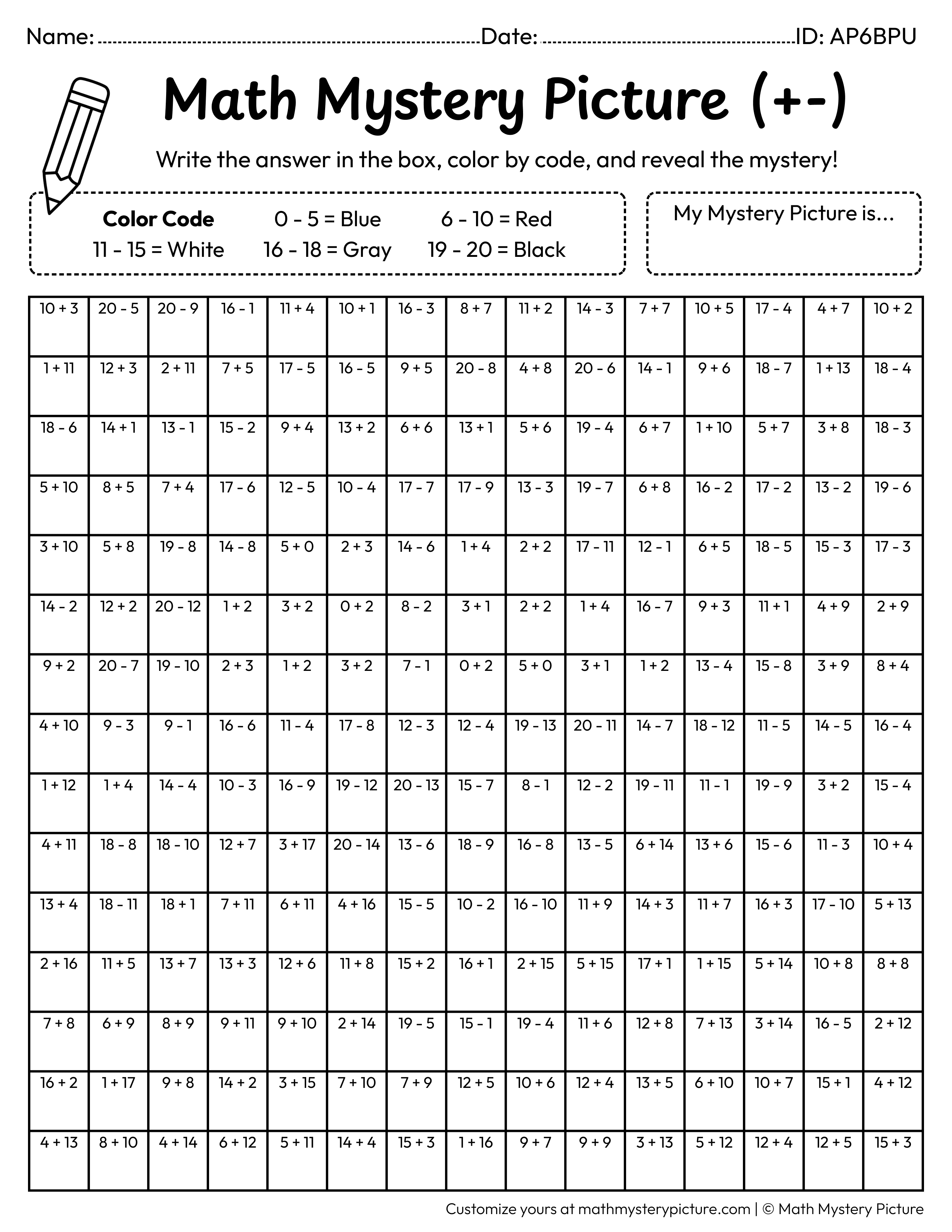Car Mixed Addition and Subtraction Within 20 Math Mystery Picture Coloring Worksheet
