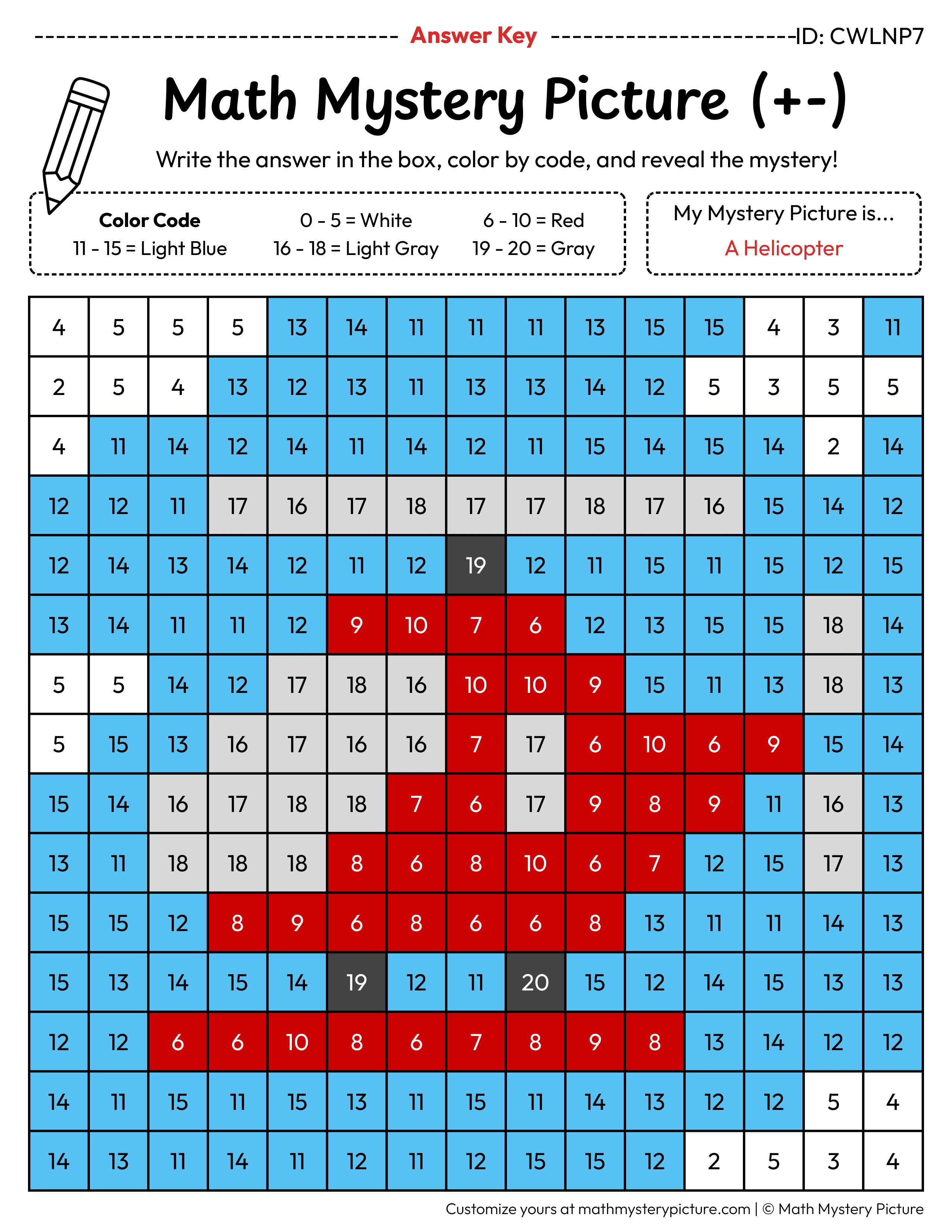 Helicopter Mixed Addition and Subtraction Within 20 Math Mystery Picture Color by Number Answer Key