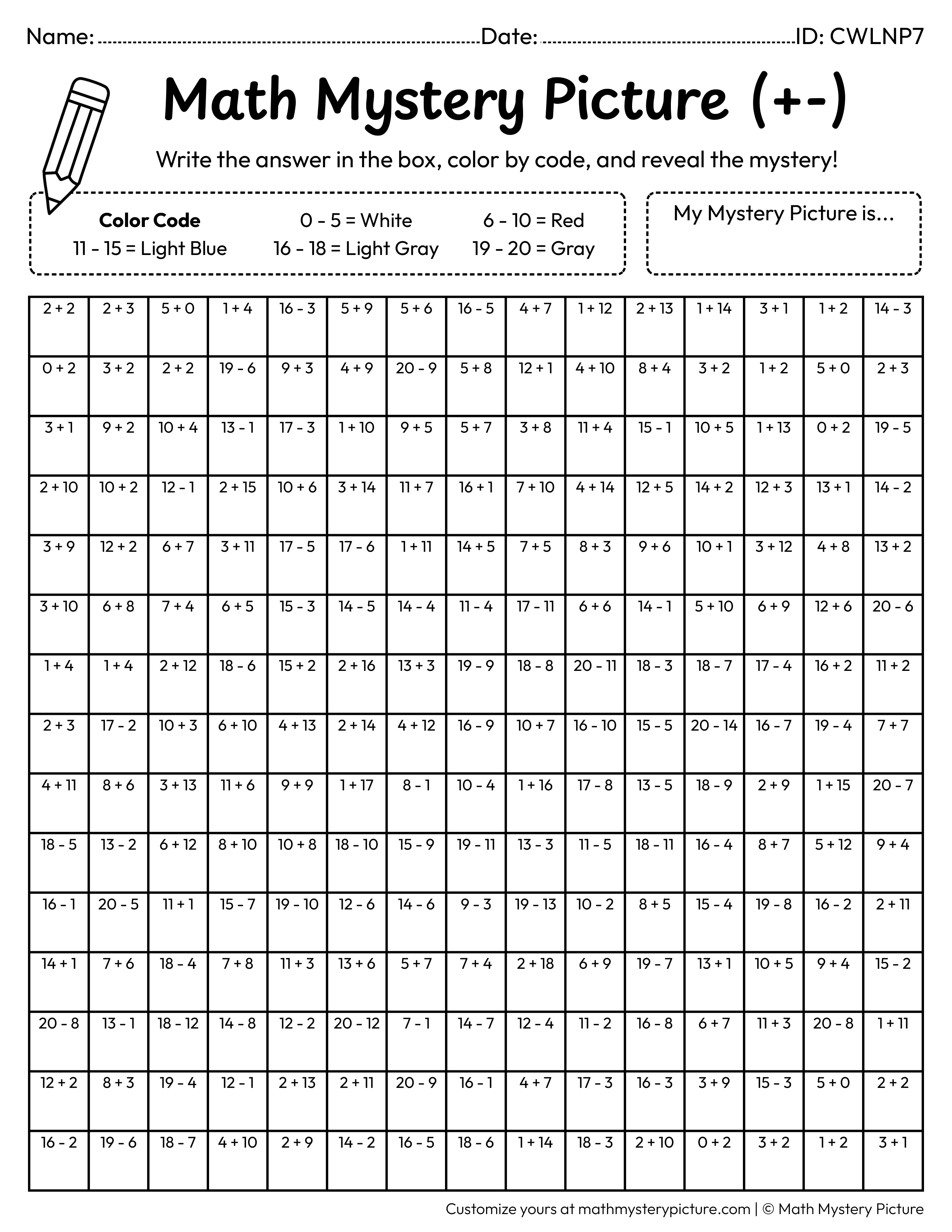 Helicopter Mixed Addition and Subtraction Within 20 Math Mystery Picture Coloring Worksheet