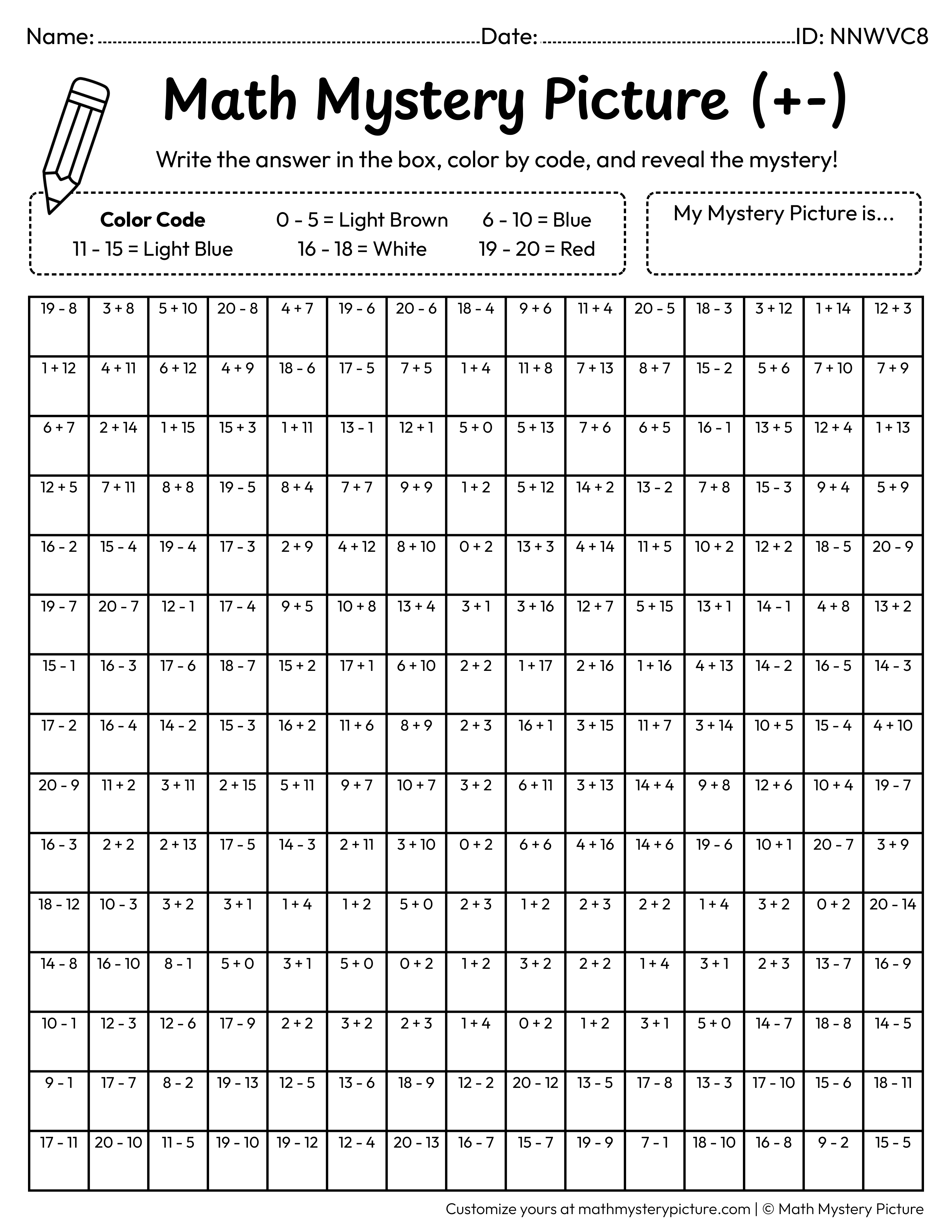 Sailboat Mixed Addition and Subtraction Within 20 Math Mystery Picture Coloring Worksheet