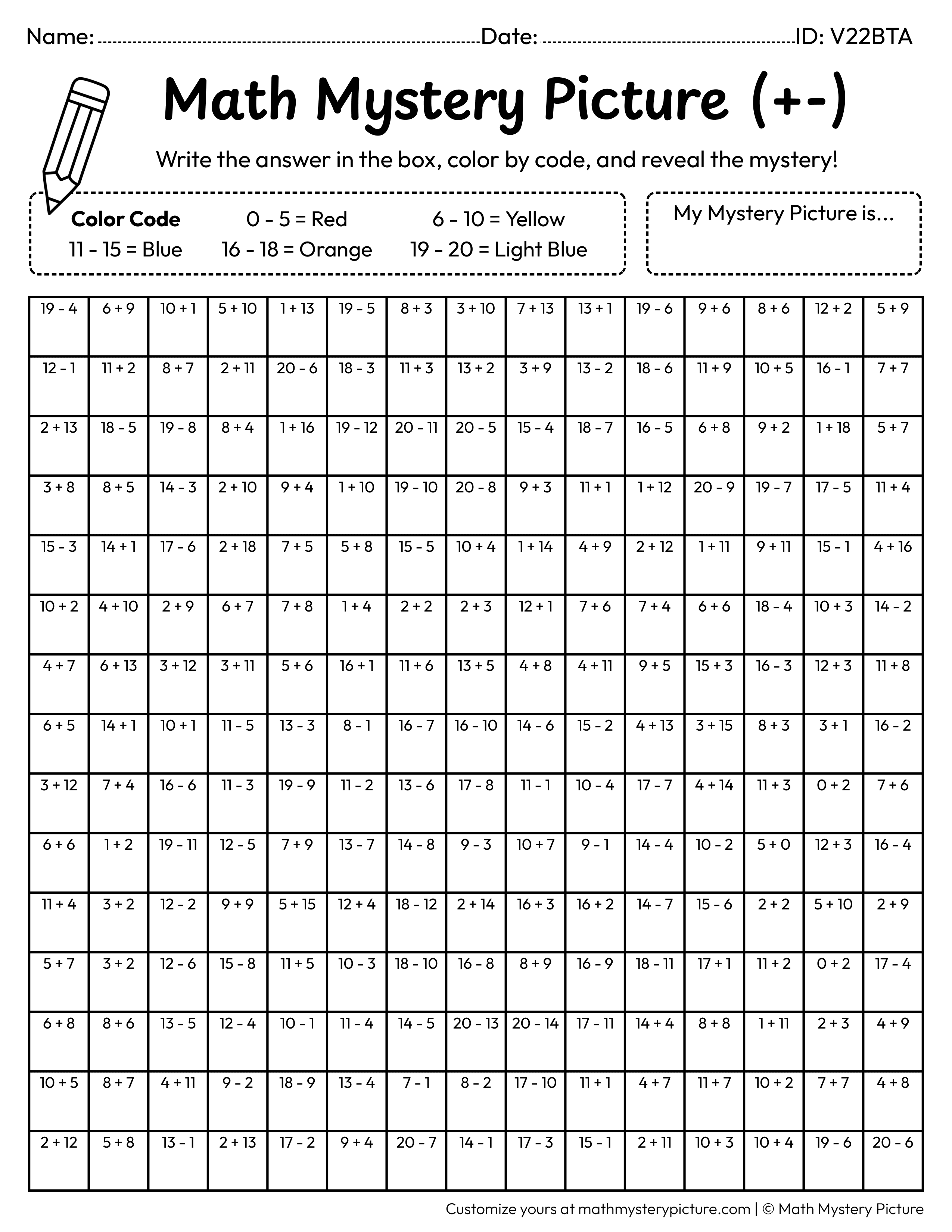 Submarine Mixed Addition and Subtraction Within 20 Math Mystery Picture Coloring Worksheet