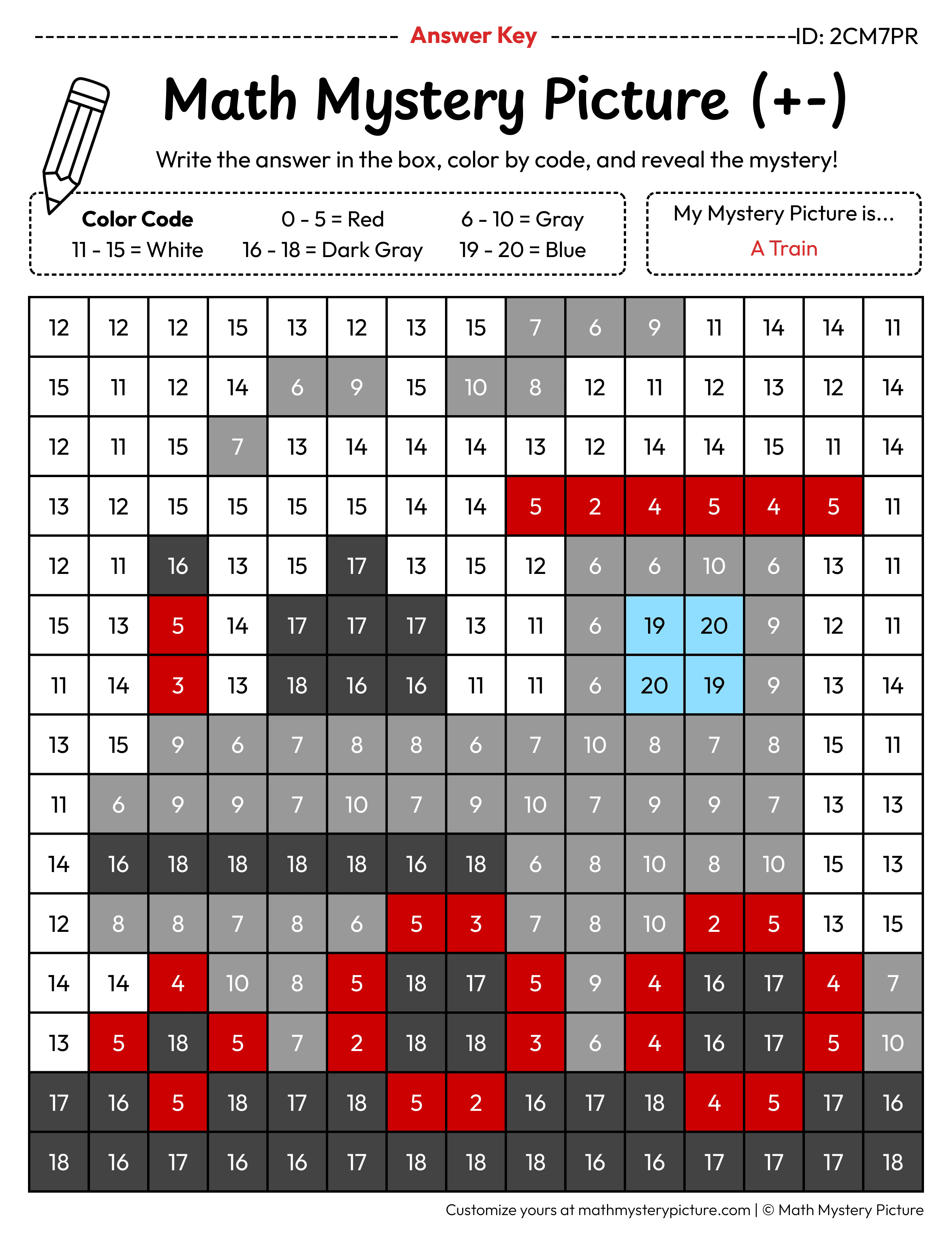 Train Mixed Addition and Subtraction Within 20 Math Mystery Picture Color by Number Answer Key
