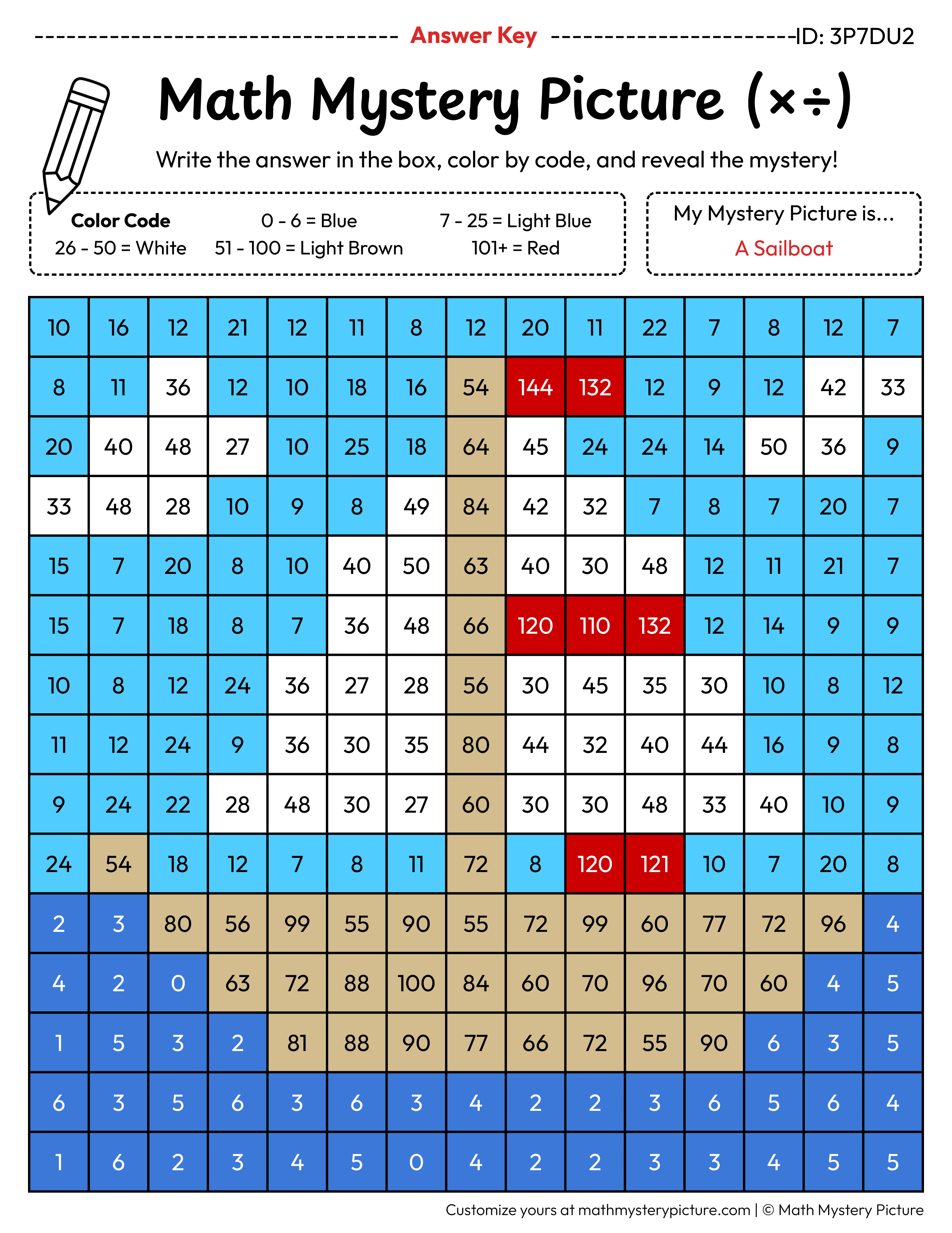 Sailboat Mixed Multiplication and Division Facts Math Mystery Picture Color by Number Answer Key