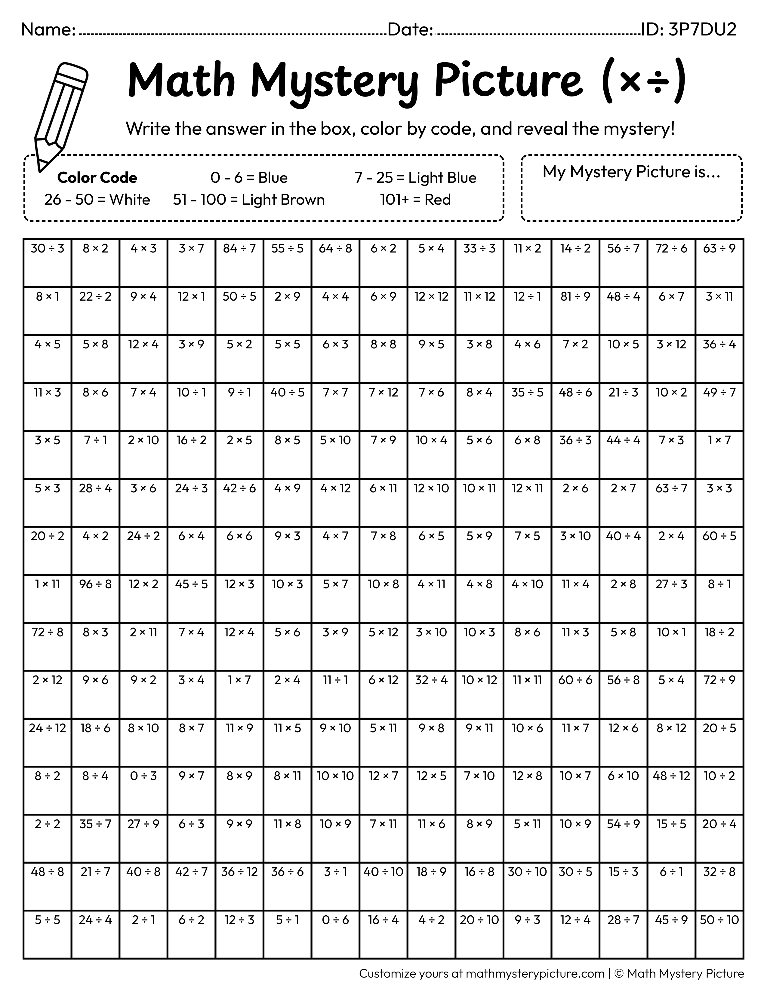 Sailboat Mixed Multiplication and Division Facts Math Mystery Picture Coloring Worksheet