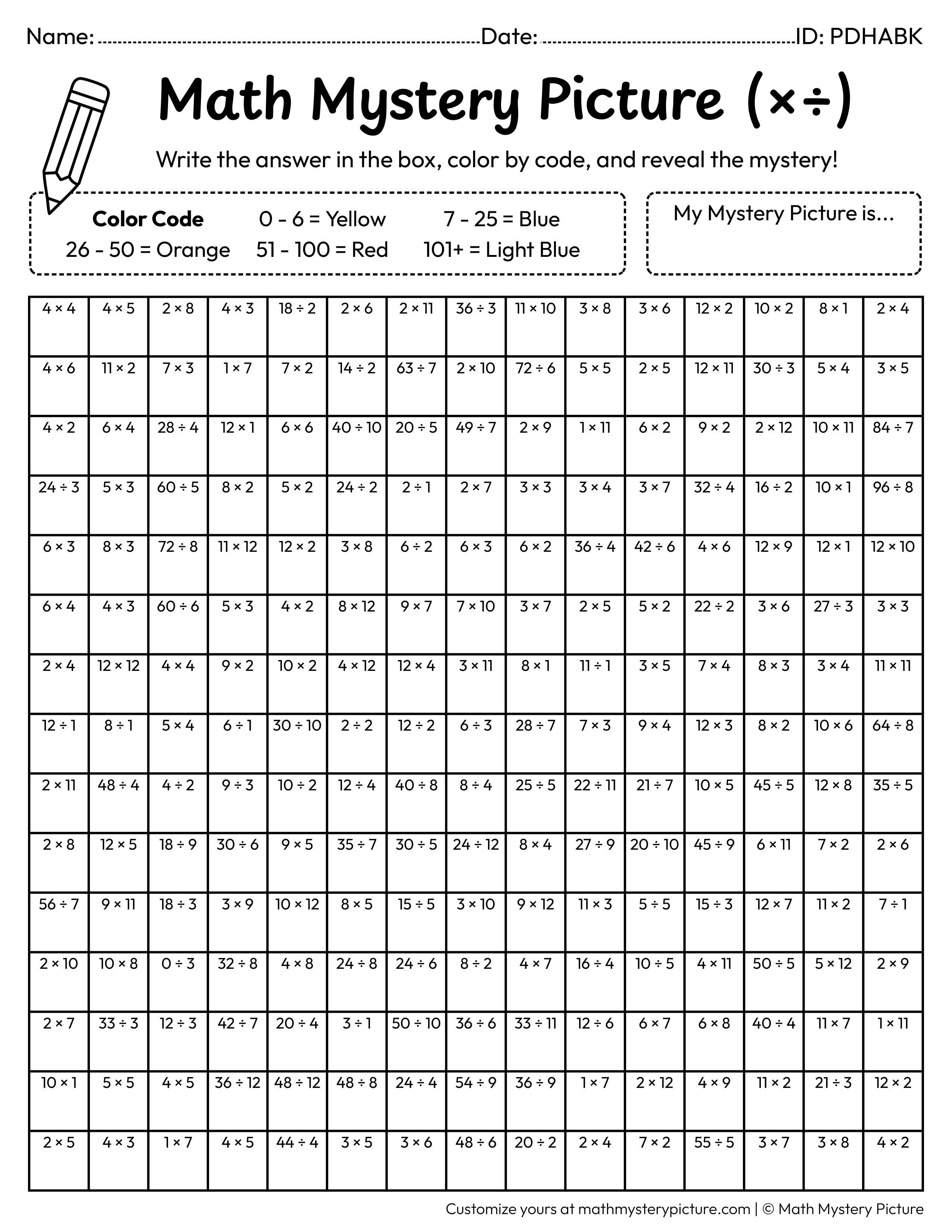 Submarine Mixed Multiplication and Division Facts Math Mystery Picture Coloring Worksheet