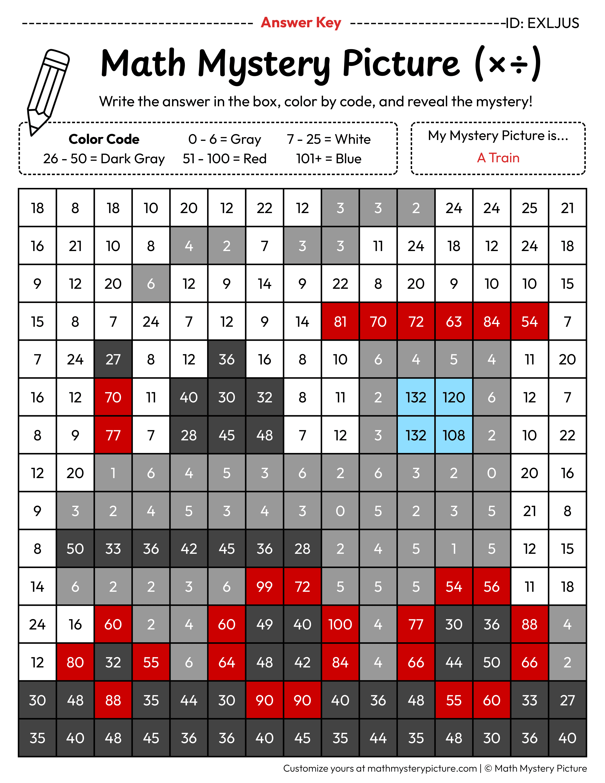 Train Mixed Multiplication and Division Facts Math Mystery Picture Color by Number Answer Key