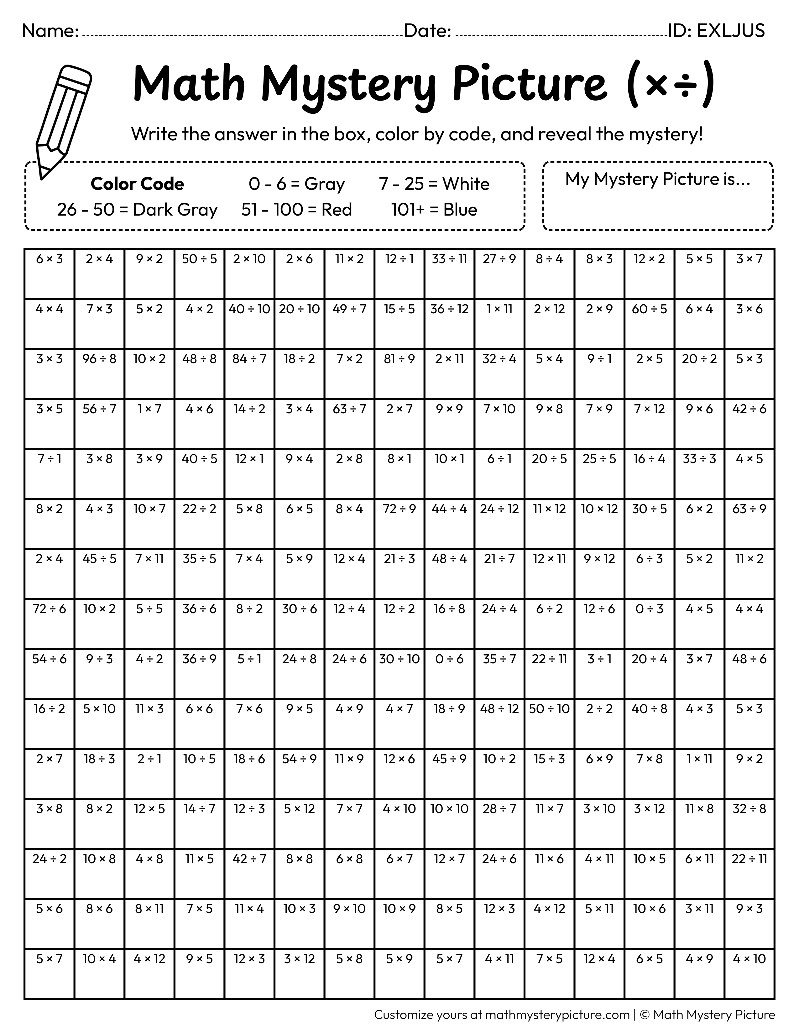 Train Mixed Multiplication and Division Facts Math Mystery Picture Coloring Worksheet