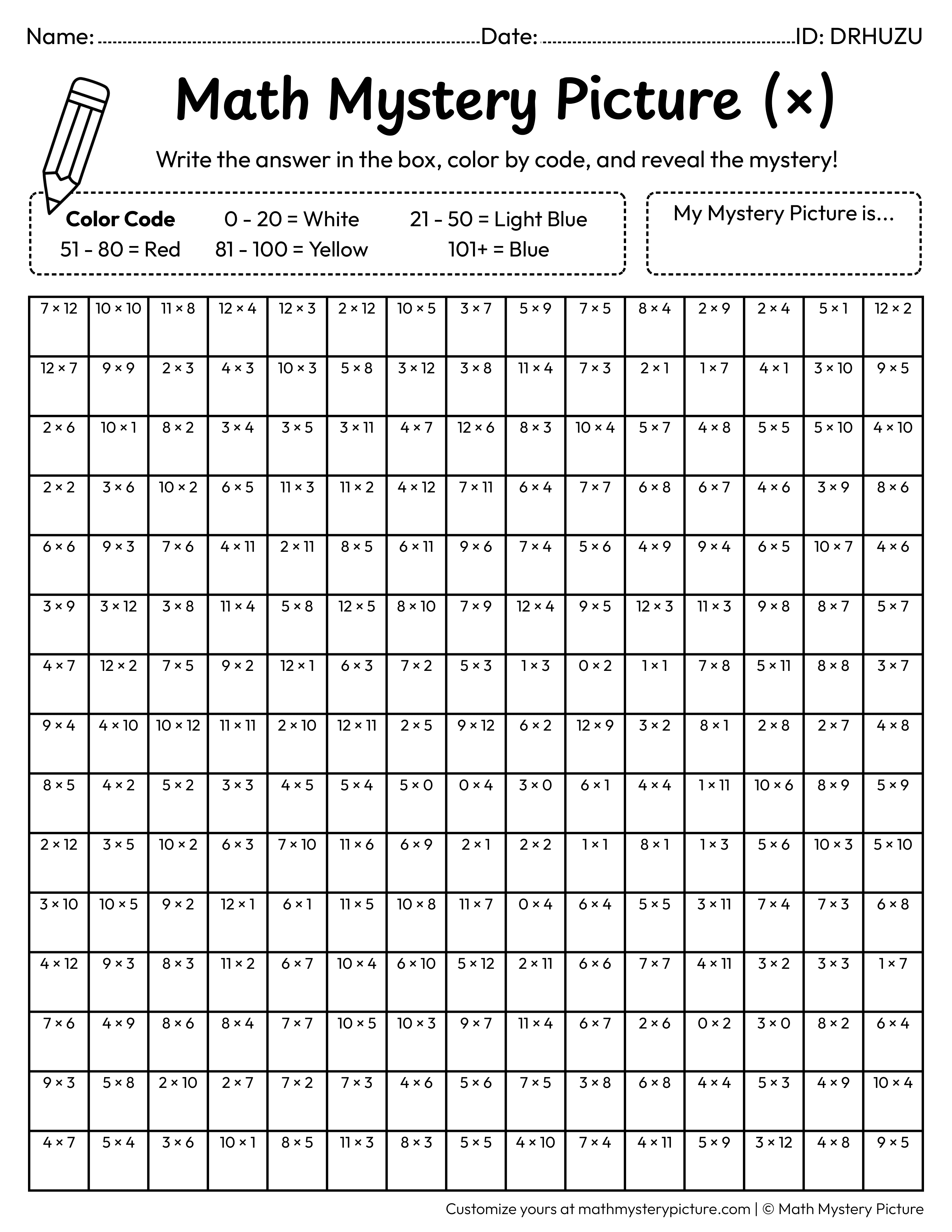 Airplane Multiplication Facts Math Mystery Picture Coloring Worksheet